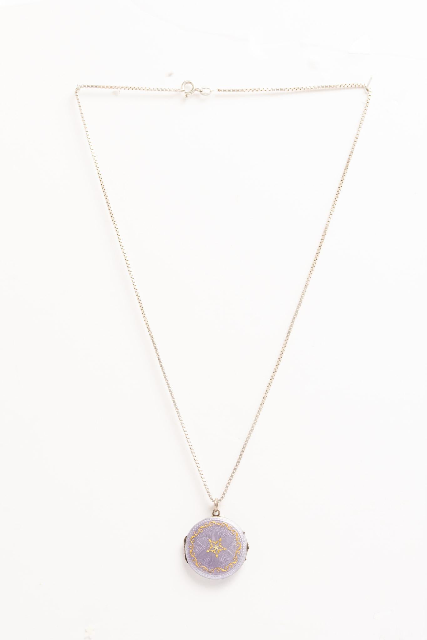 Antique Lilac and Gold Guilloche Enamel Silver Locket Necklace 3
