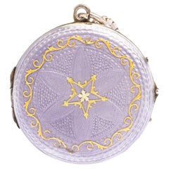 Antique Lilac and Gold Guilloche Enamel Silver Locket Necklace