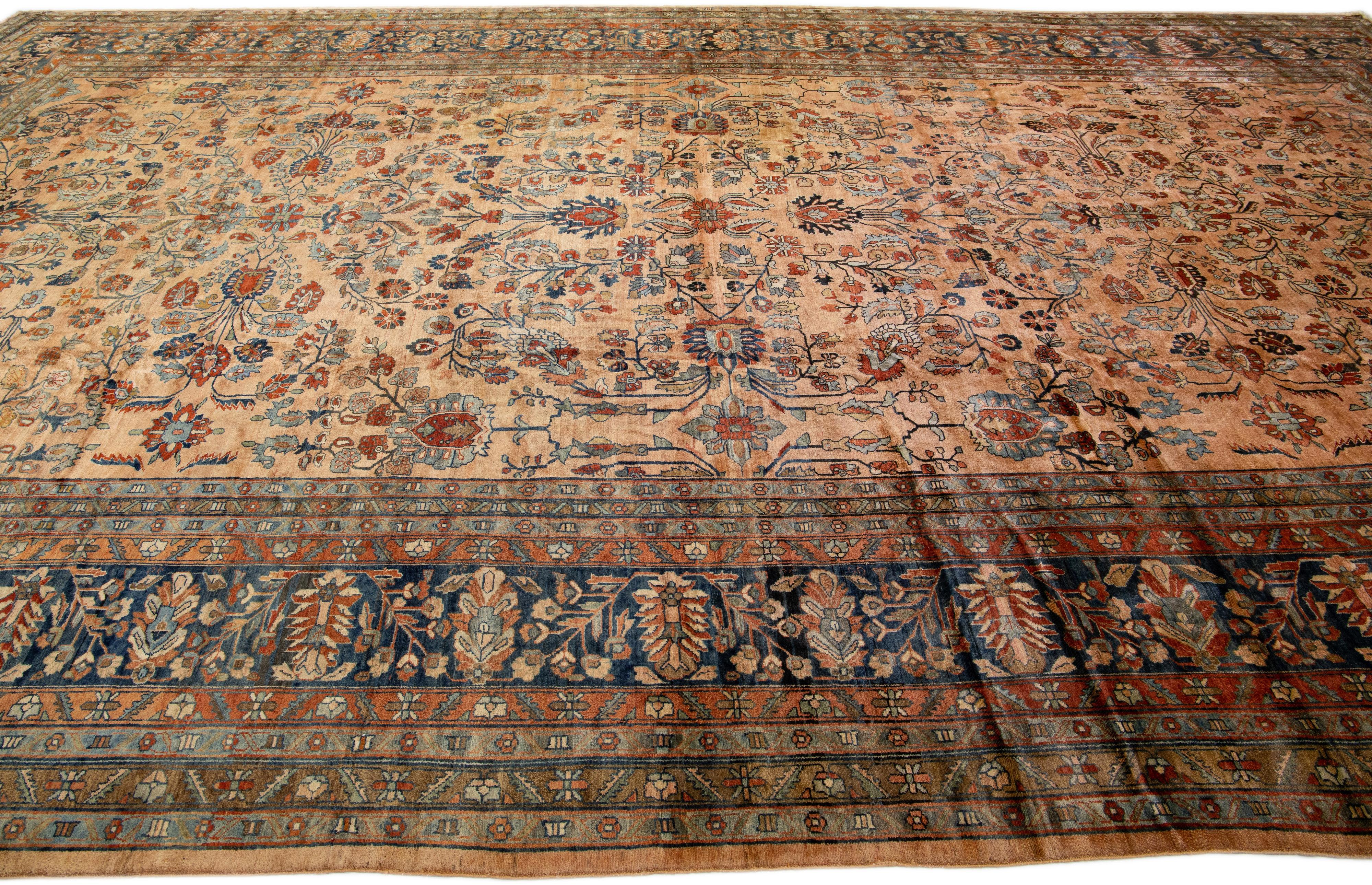 Hand-Knotted Antique Lilihan Handmade Allover Designed Peach Wool Rug For Sale