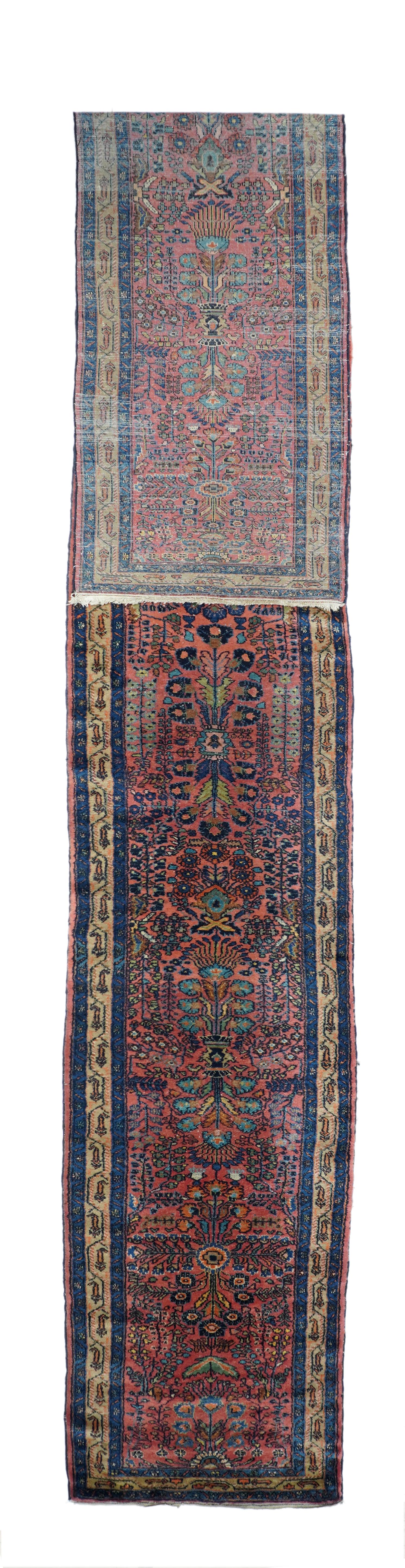 Antique Lilihan Runner. Usefully narrow with a soft rose field that goes on seemingly forever. Detached floral spray pattern. Ecru main border with a boteh meander. Length adjustable if desired. Moderate weave. Cotton foundation, good condition.