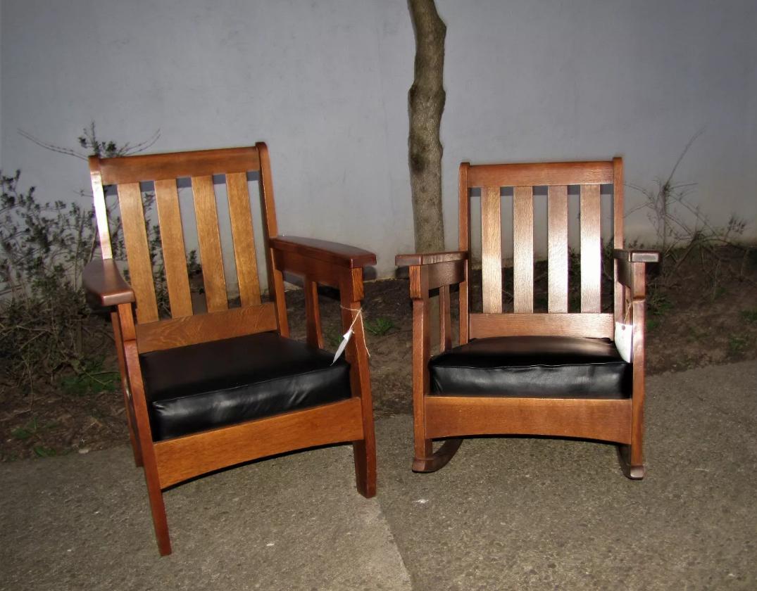Leather Antique LIMBERT Chair & Rocker Rare Find - Stickley Era - W5128/W5129 For Sale