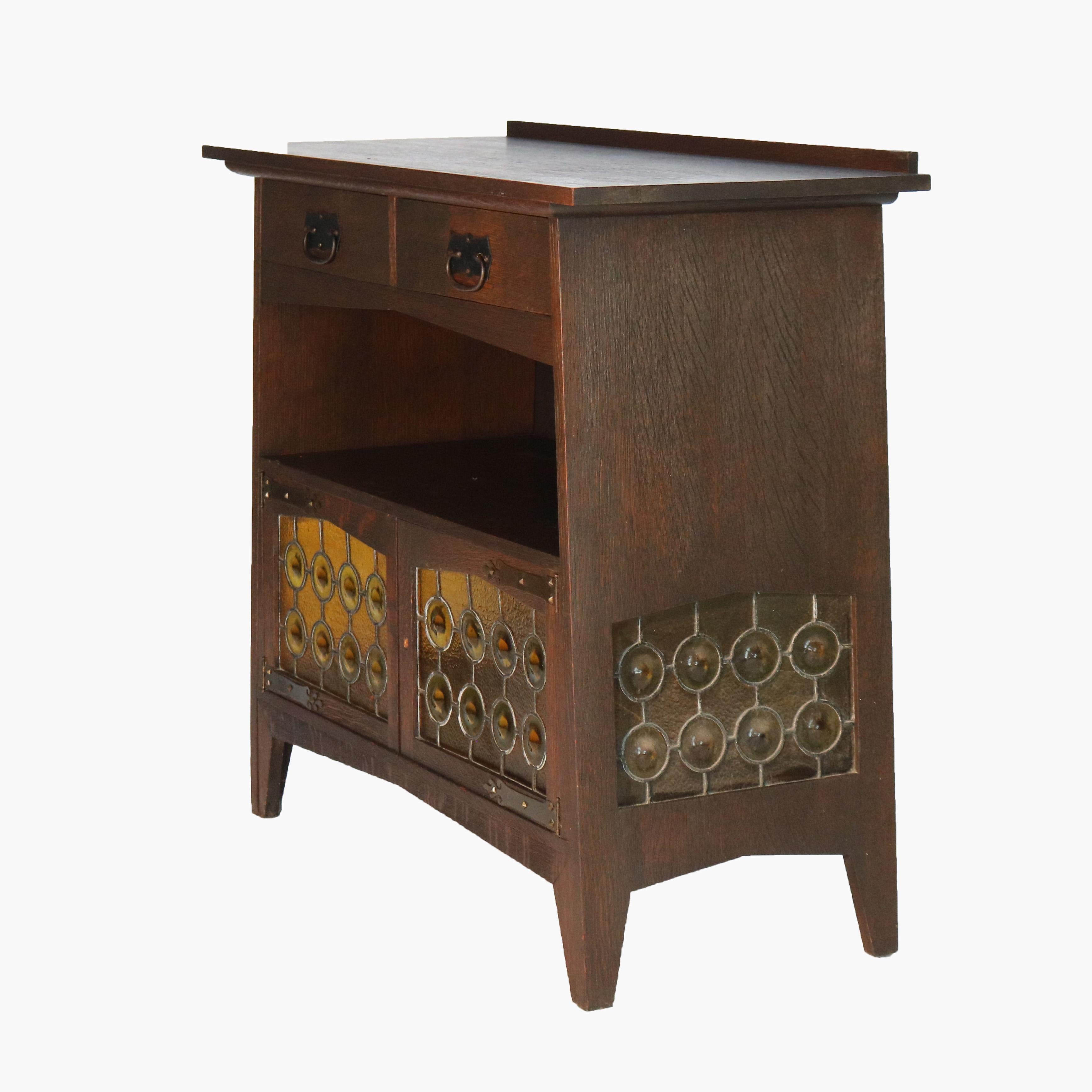 Antique Limbert School Arts & Crafts Oak Server with Amber Stained Glass C1910 6