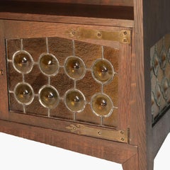 Antique Limbert School Arts & Crafts Oak Server with Amber Stained Glass C1910