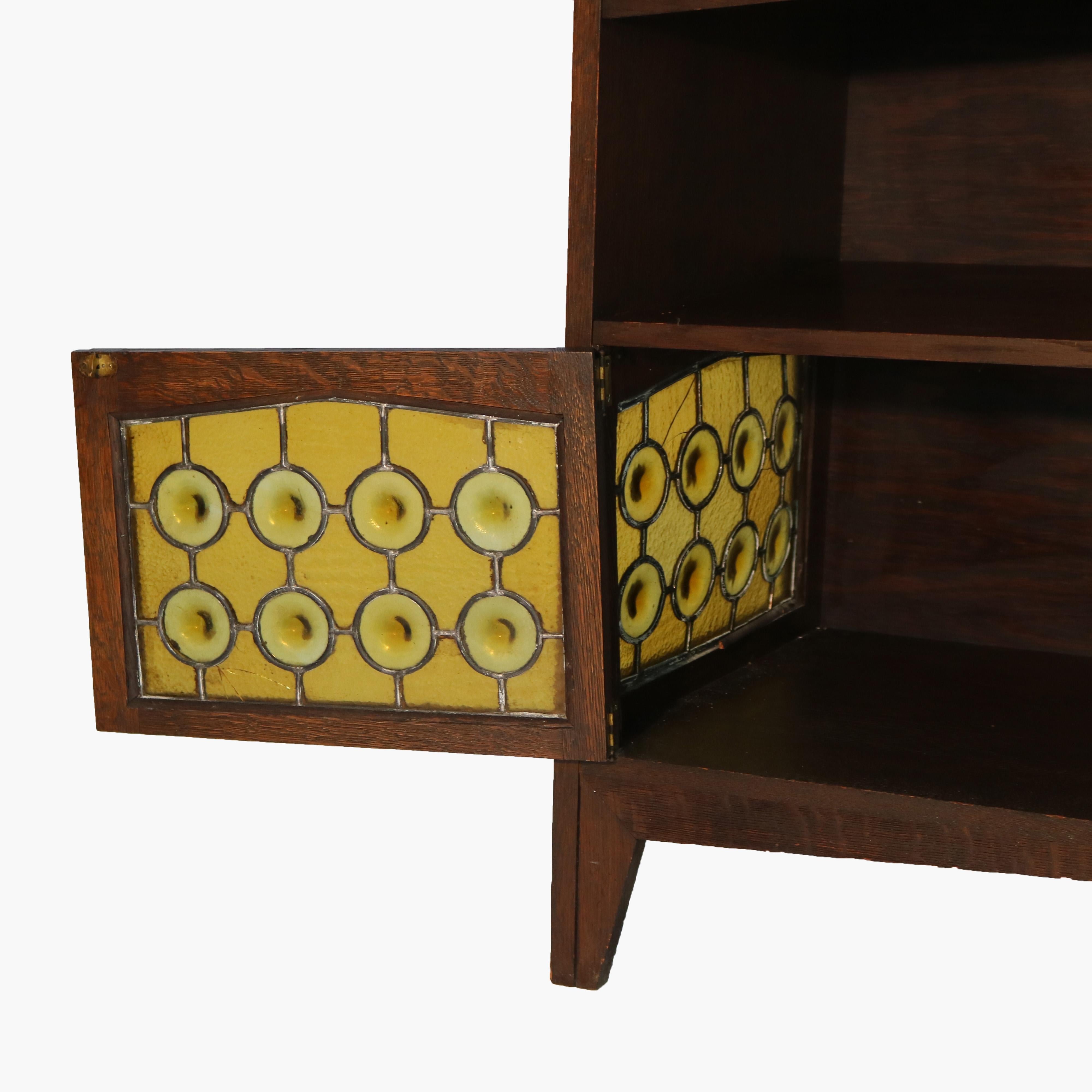 Arts and Crafts Antique Limbert School Arts & Crafts Oak Server with Amber Stained Glass C1910