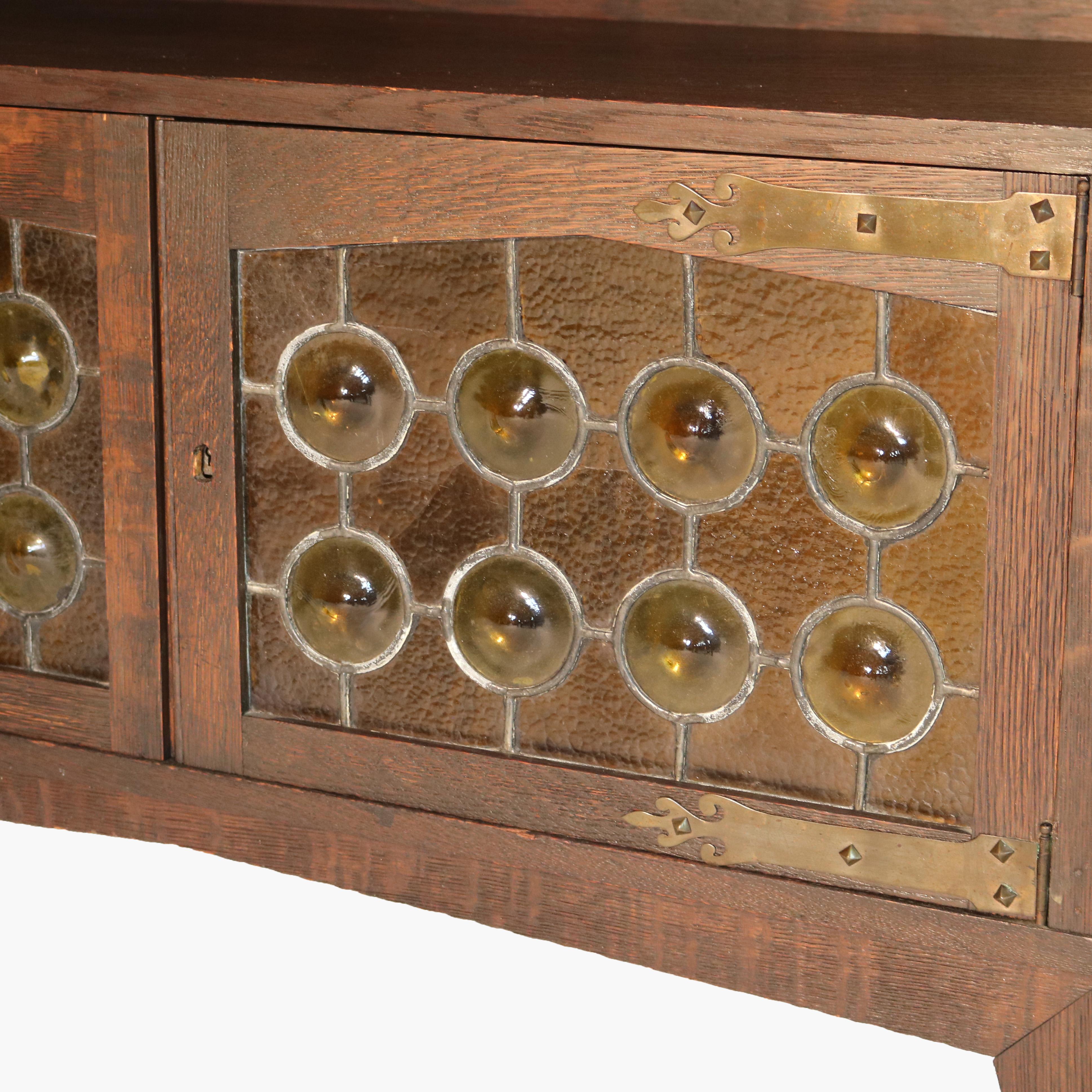 Antique Limbert School Arts & Crafts Oak Server with Amber Stained Glass C1910 2