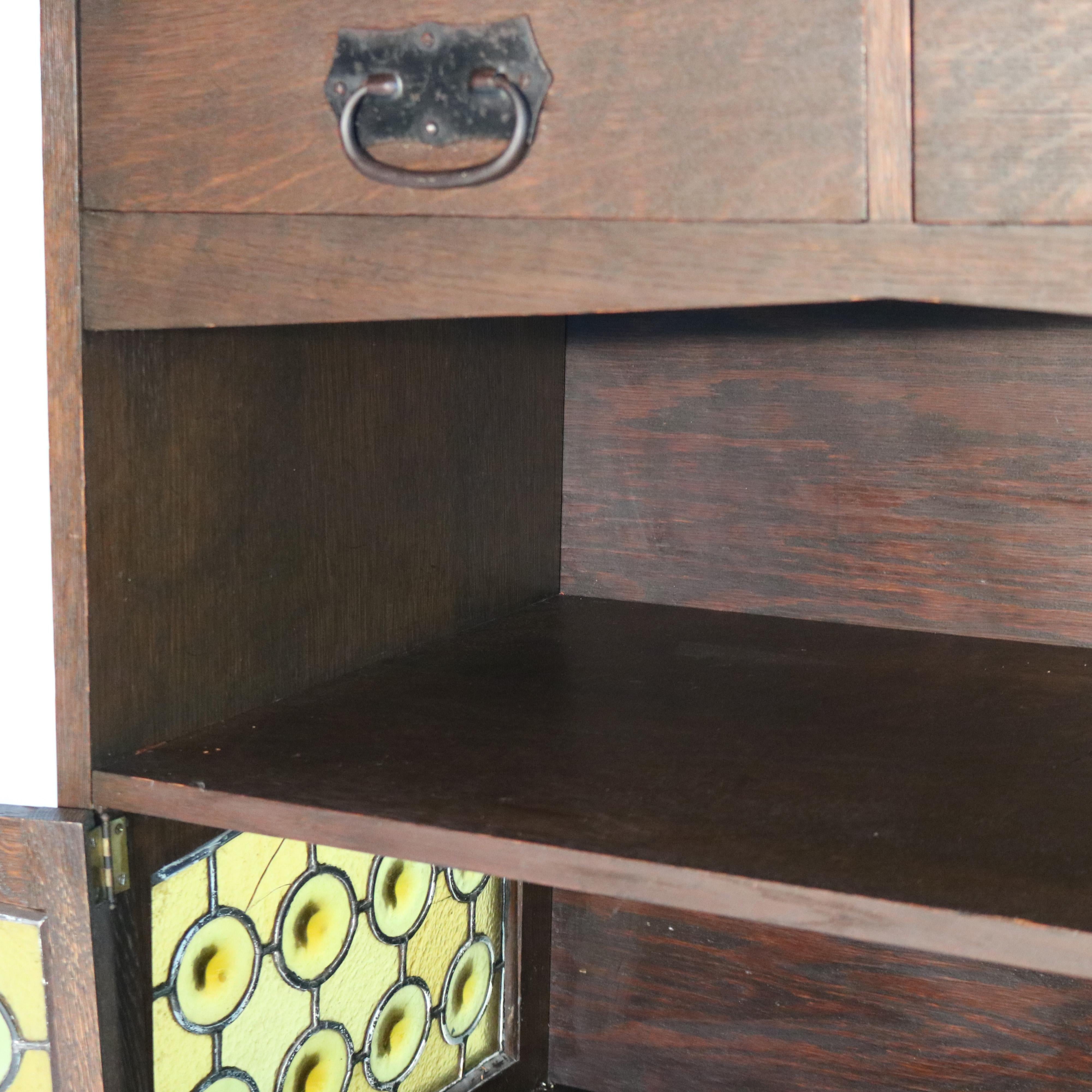 Antique Limbert School Arts & Crafts Oak Server with Amber Stained Glass C1910 3