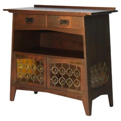 Antique Limbert School Arts & Crafts Oak Server with Amber Stained Glass C1910