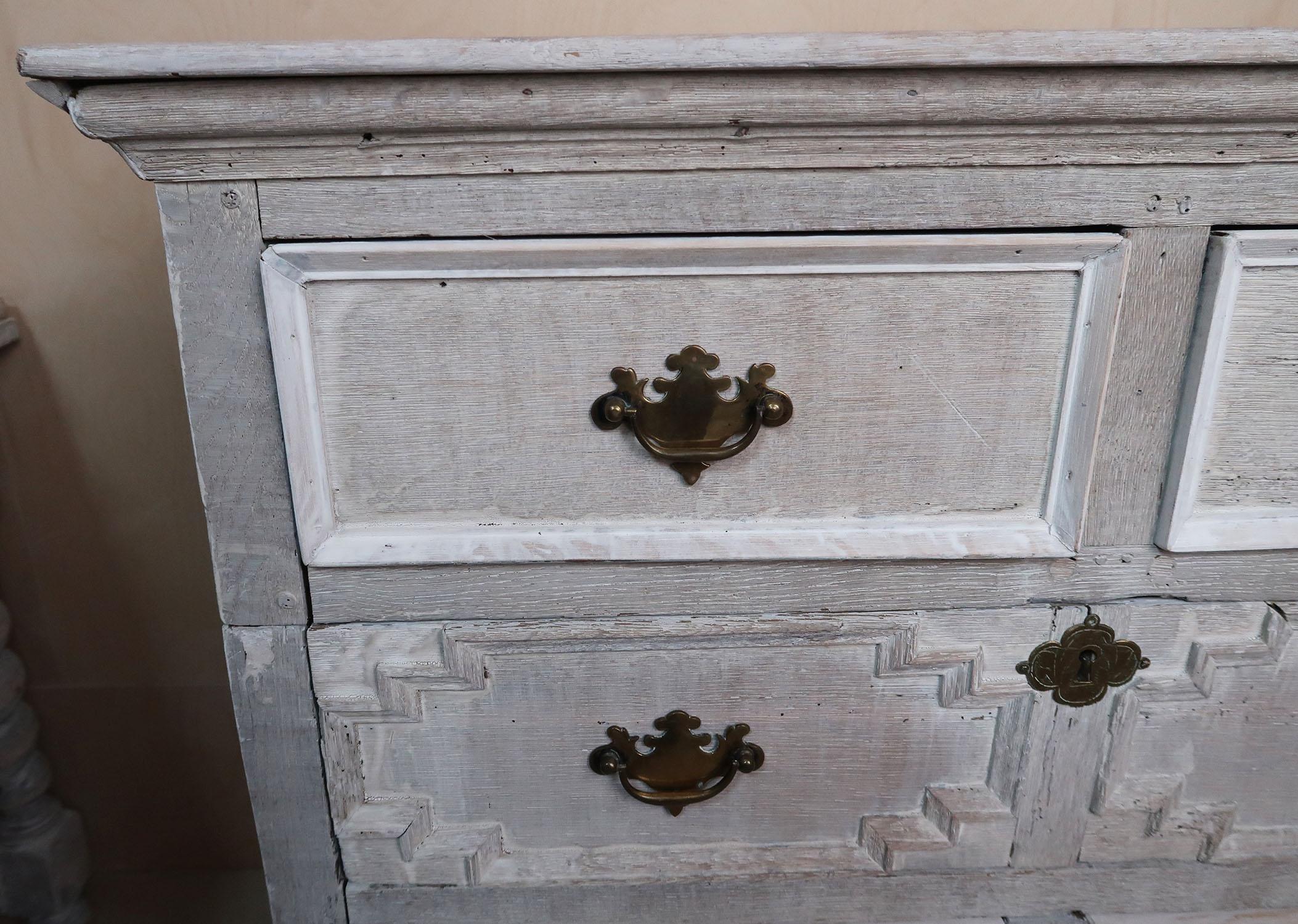 17th Century Antique Limed Oak Chest of Drawers with Geometric Moulding For Sale