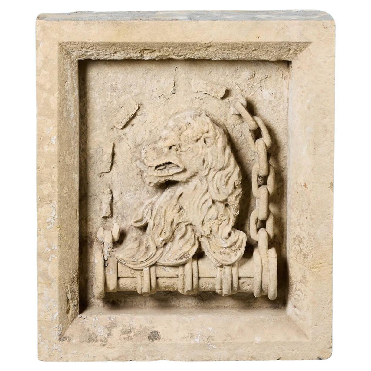 Antique Limestone Lion Crest or Plaque For Sale