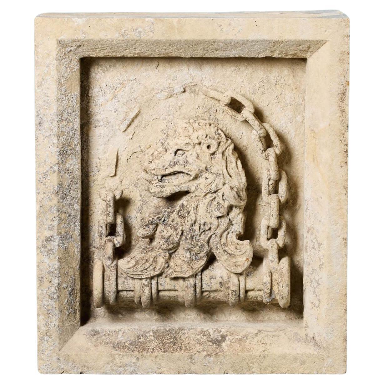 Antique Limestone Lion Plaque or Crest