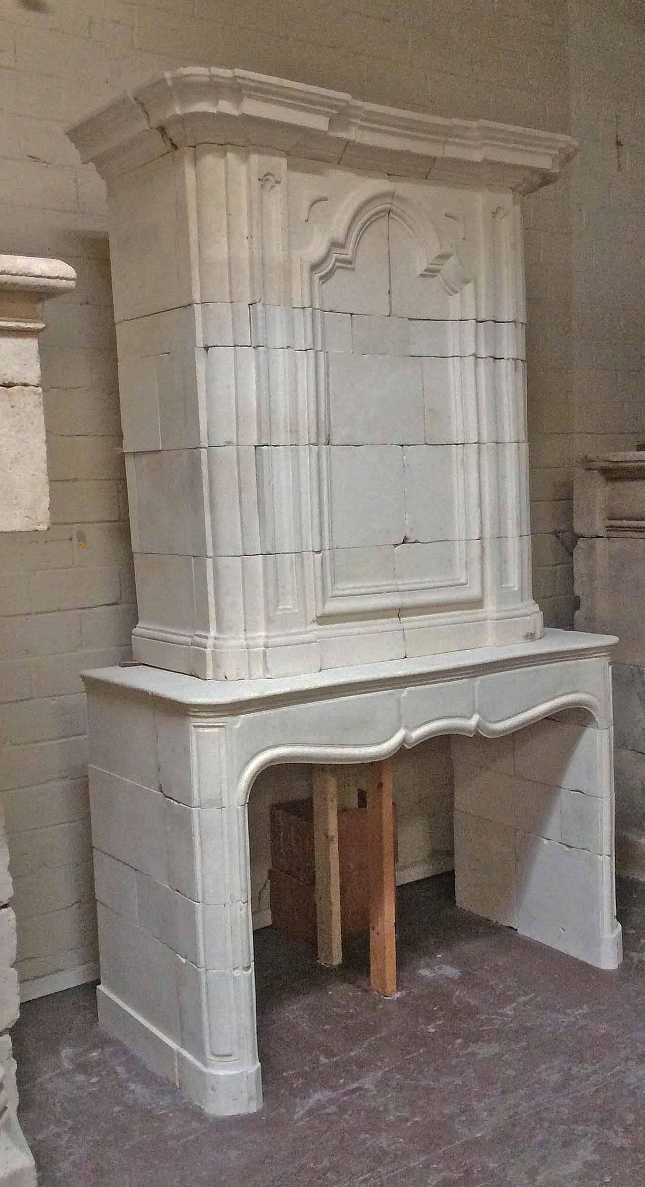 French Antique Limestone Mantel with Trumeau