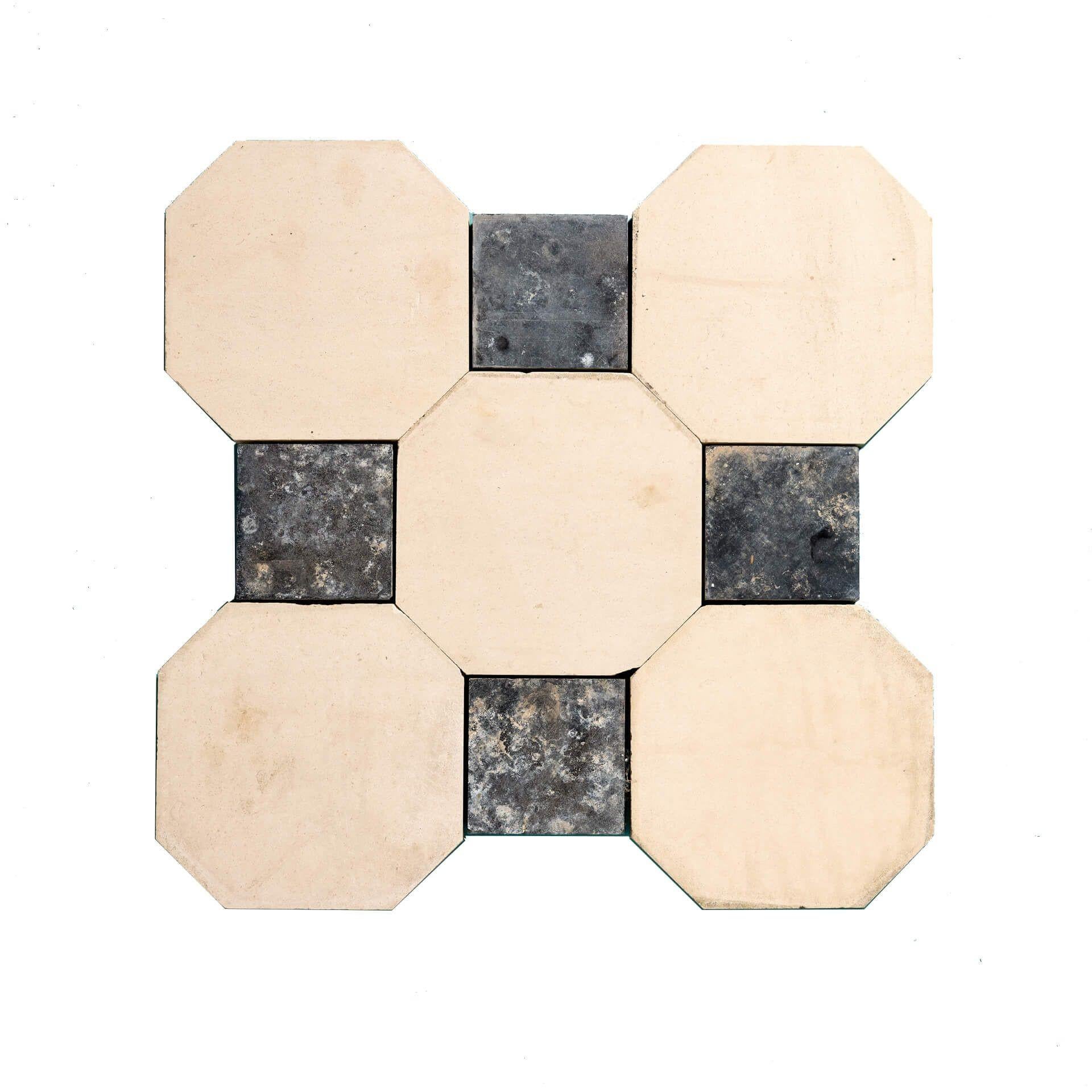 These mid 19th century limestone and slate stylish cabochon tiles were salvaged from Wingfield castle in England.

We have around 86 black tiles and 67 octagonal white tiles.

Dating from circa 1850, these reclaimed cabochon tiles certainly have a