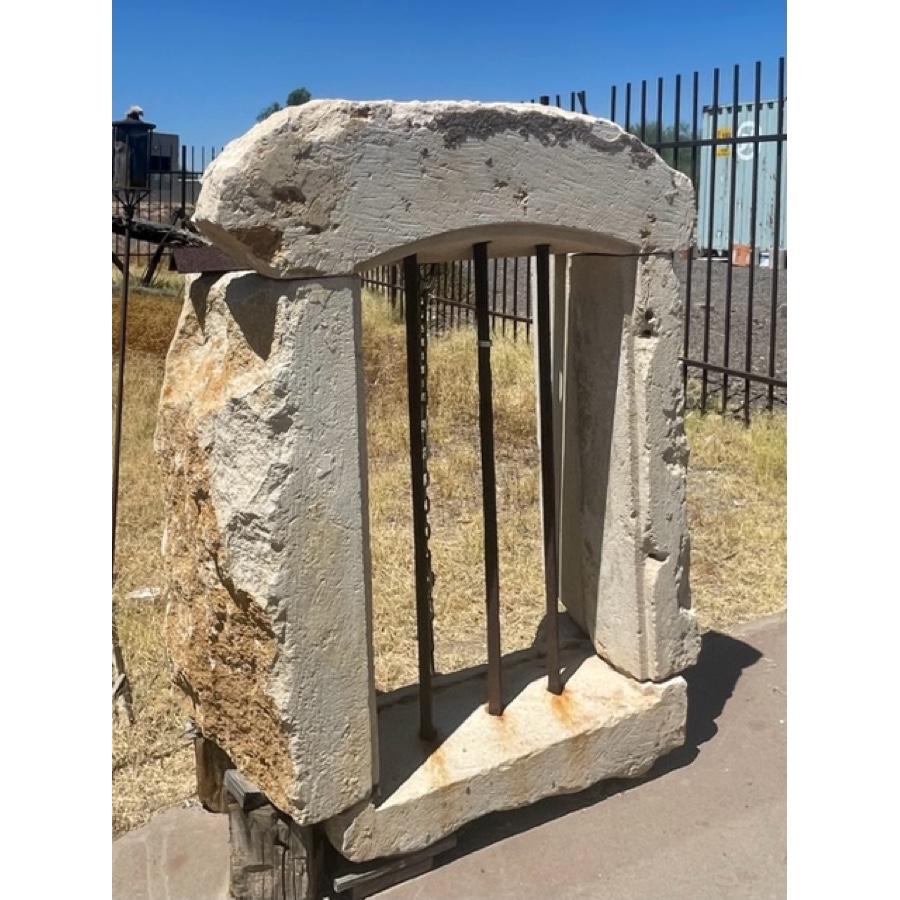 Carved Antique Limestone Window Surround with Iron Bars For Sale