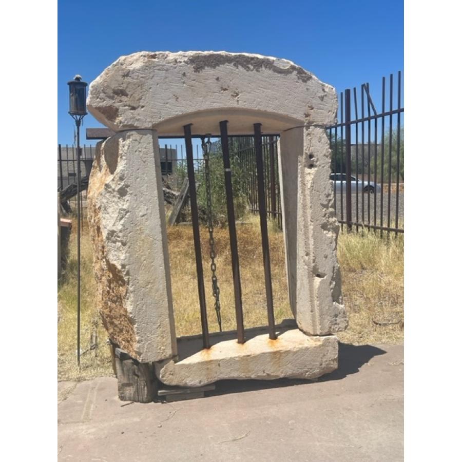 19th Century Antique Limestone Window Surround with Iron Bars For Sale