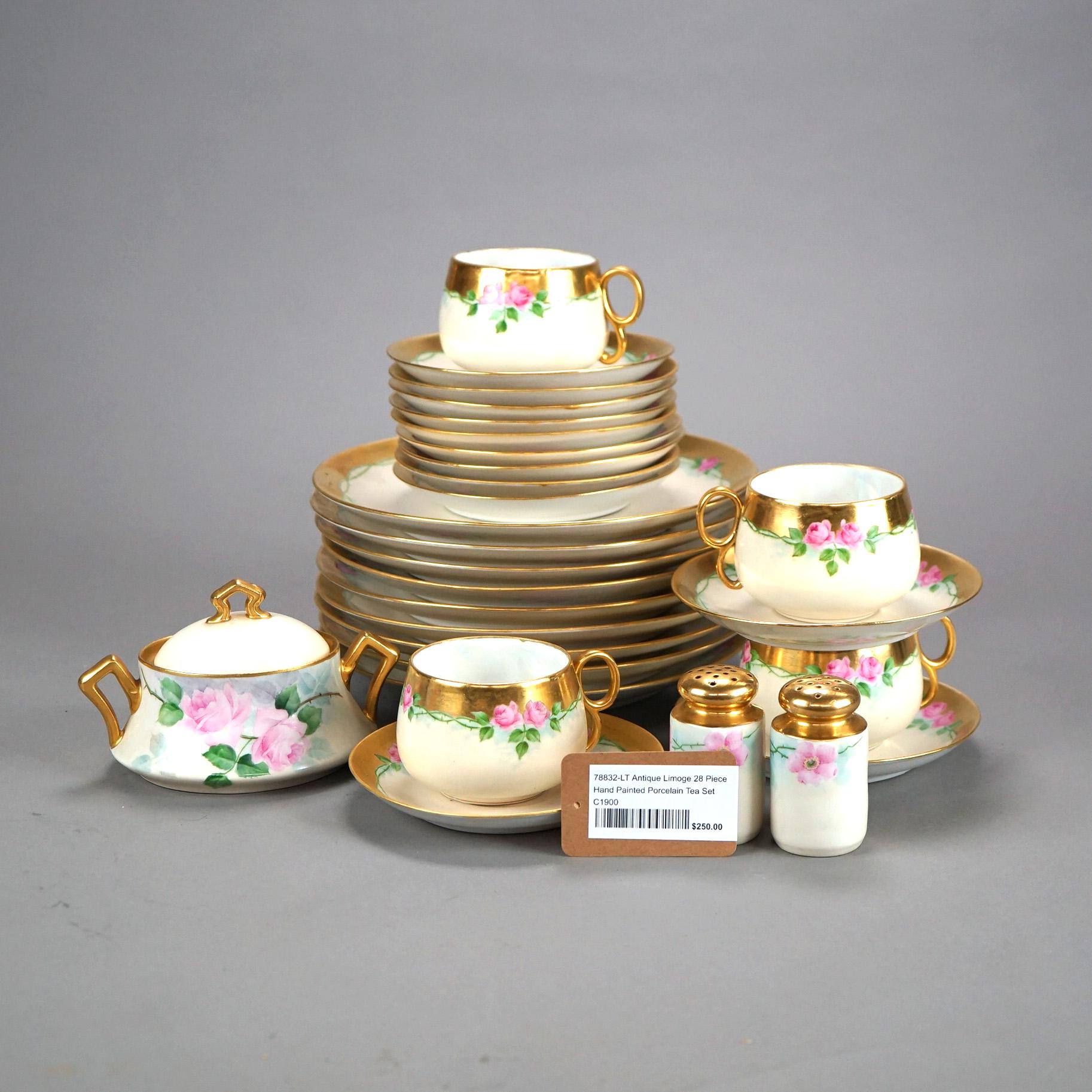 Antiguo Juego de Té de Porcelana Rosa Limoges de 28 Piezas Pintado a Mano y Dorado C1900.

Placas - 8 5/8