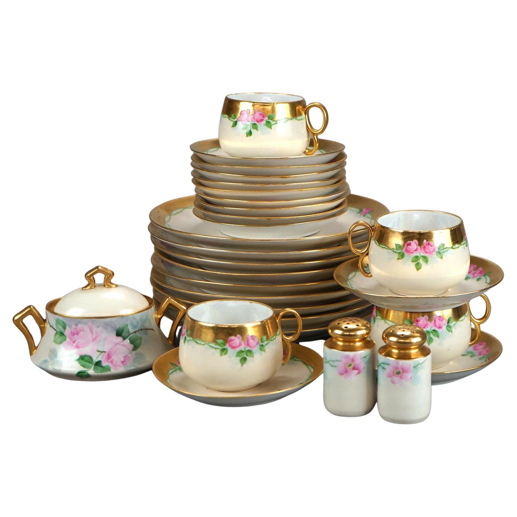 Antique Limoges 28 Piece Hand Painted & Gilt Pink Rose Porcelain Tea Set C1900