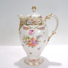Antique Limoges Dresden Porcelain Chocolate Pot with Handpainted Flowers