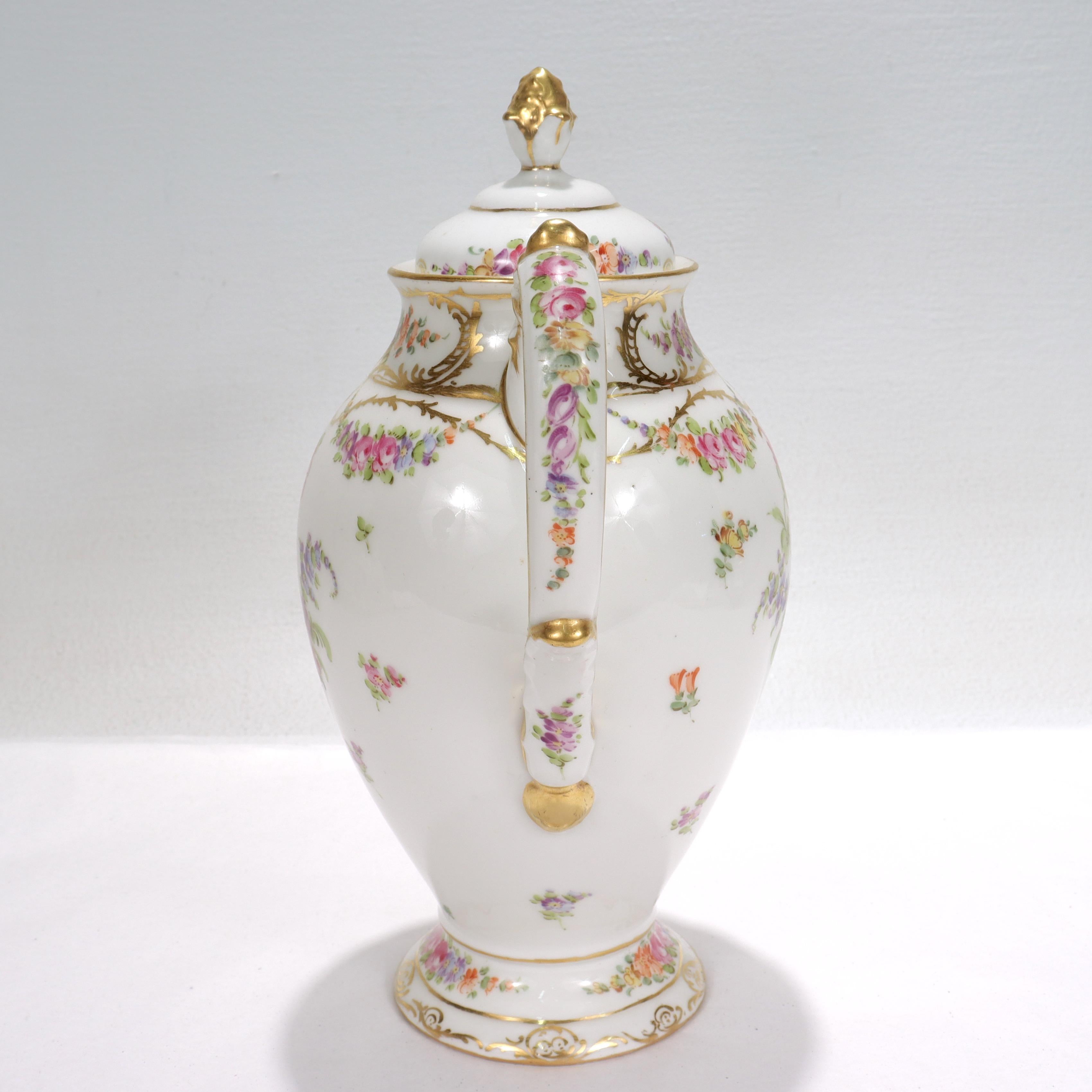 French Antique Limoges Dresden Porcelain Chocolate Pot with Handpainted Flowers