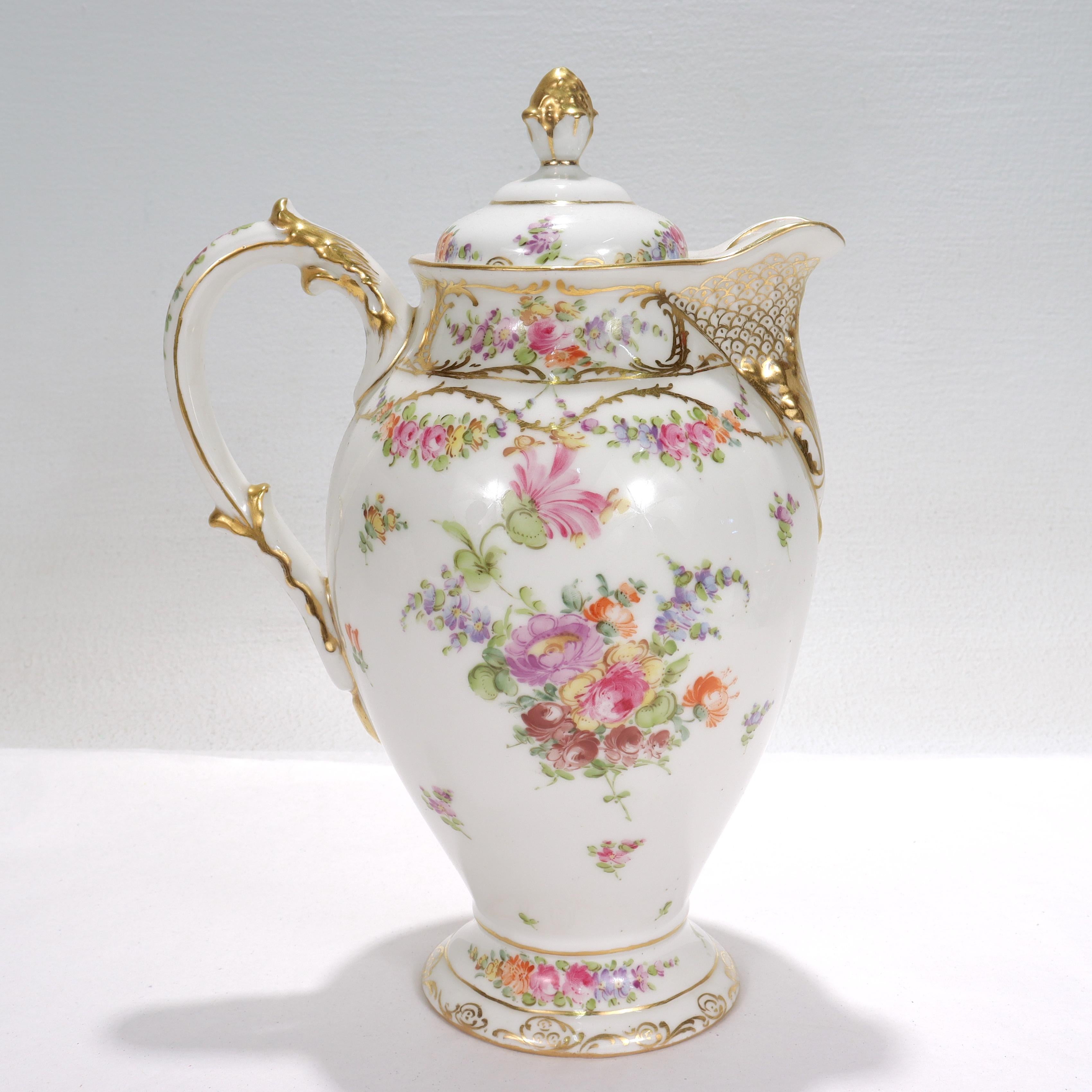 Antique Limoges Dresden Porcelain Chocolate Pot with Handpainted Flowers In Good Condition In Philadelphia, PA