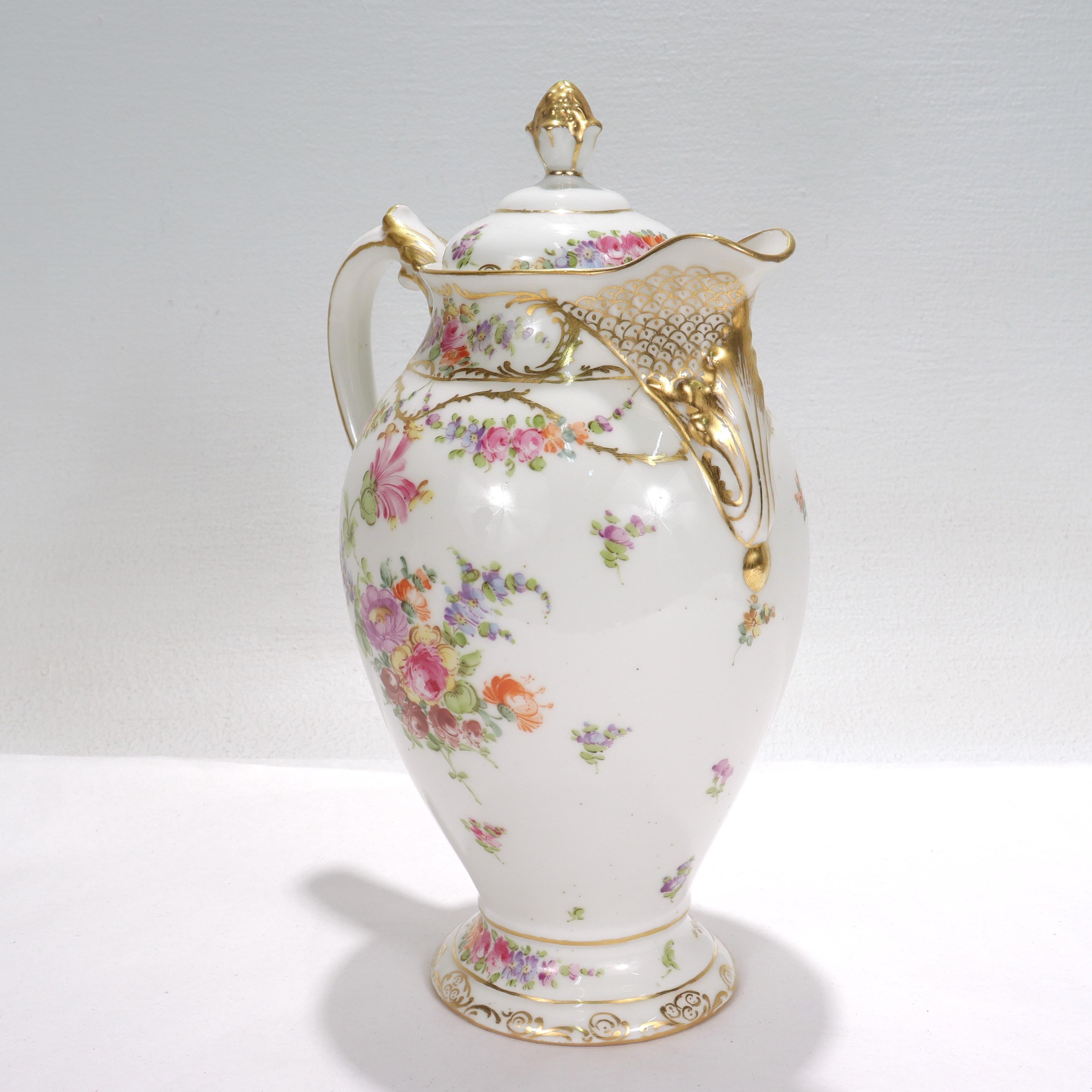 20th Century Antique Limoges Dresden Porcelain Chocolate Pot with Handpainted Flowers