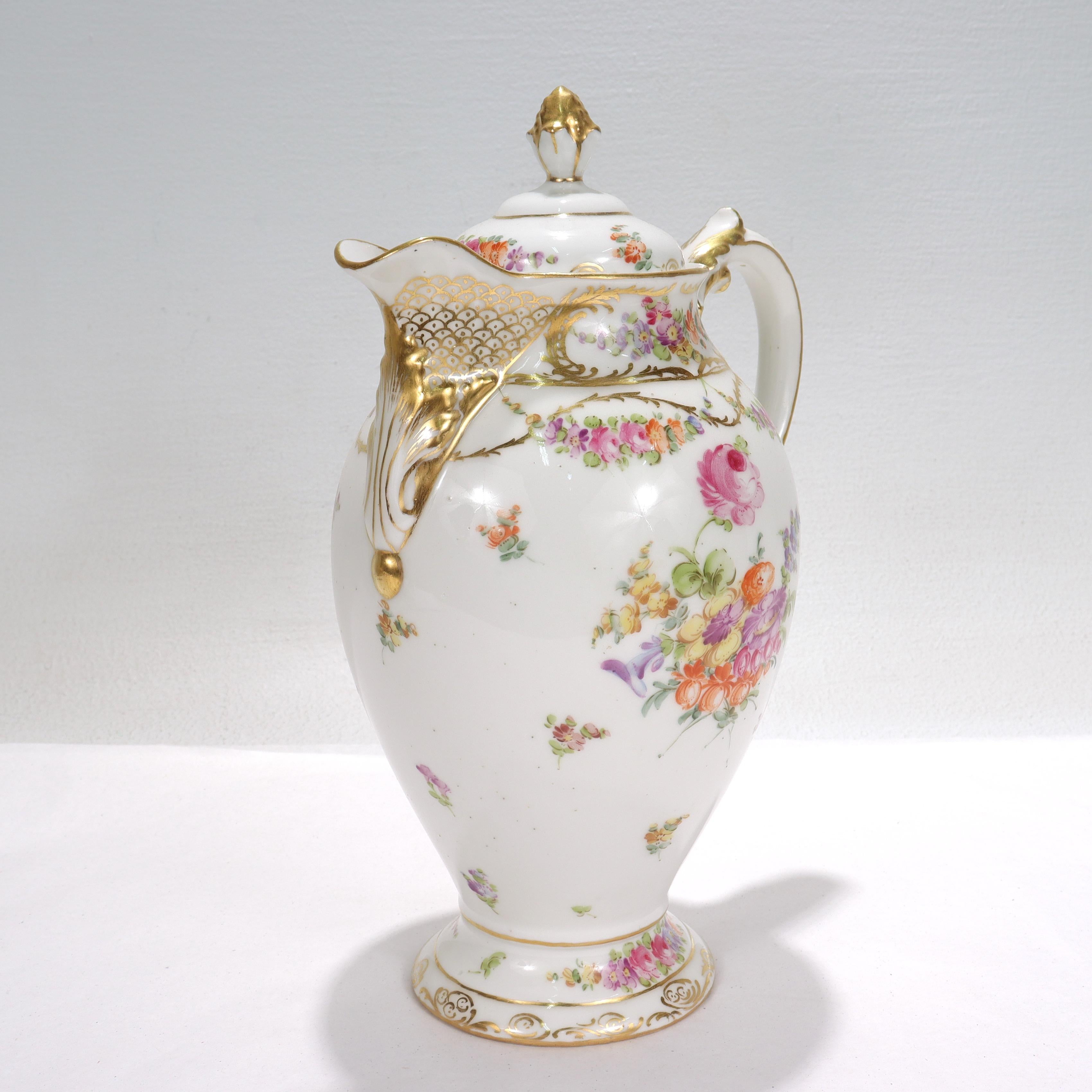 Antique Limoges Dresden Porcelain Chocolate Pot with Handpainted Flowers 2