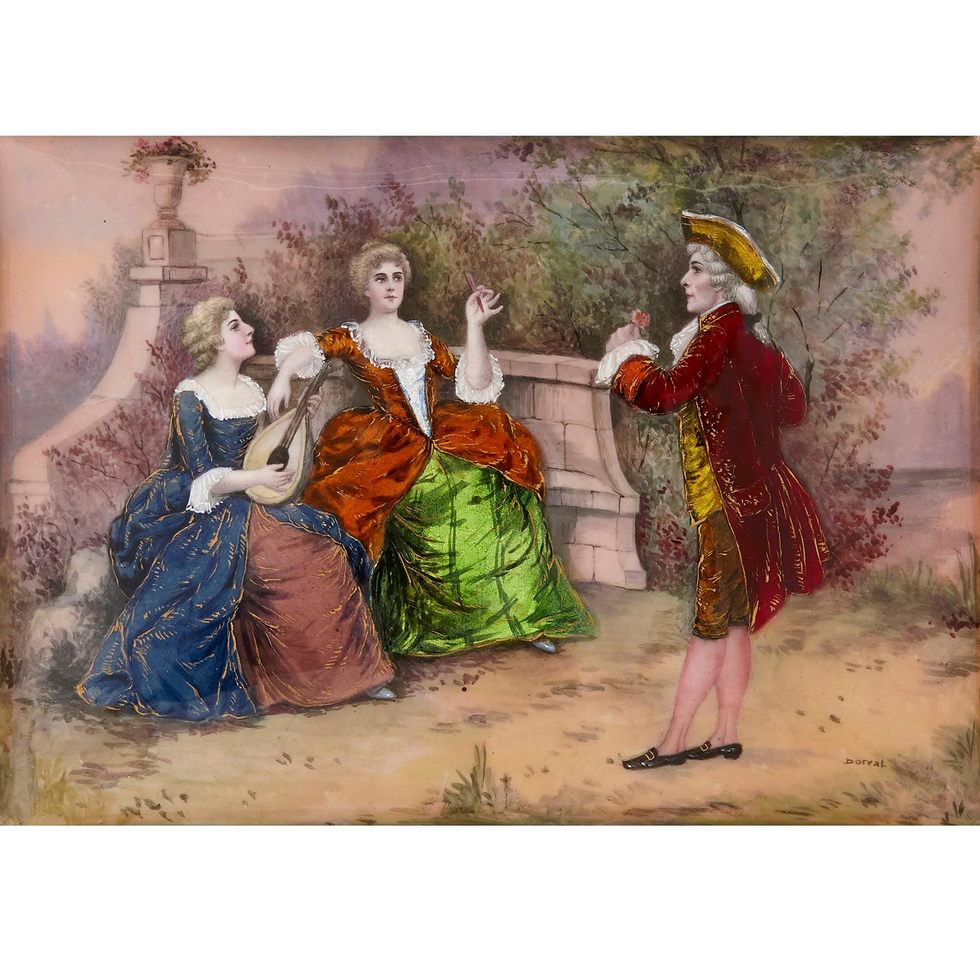 Antique Limoges enamel plaque of a fête galante
French, late 19th century
Measures: Frame: Height 27cm, width 28.5cm, depth 3cm
Plaque: Height 14cm, width 19.5cm, depth 0.5cm  

This charming Limoges enamel plaque, held by an elaborate gilt