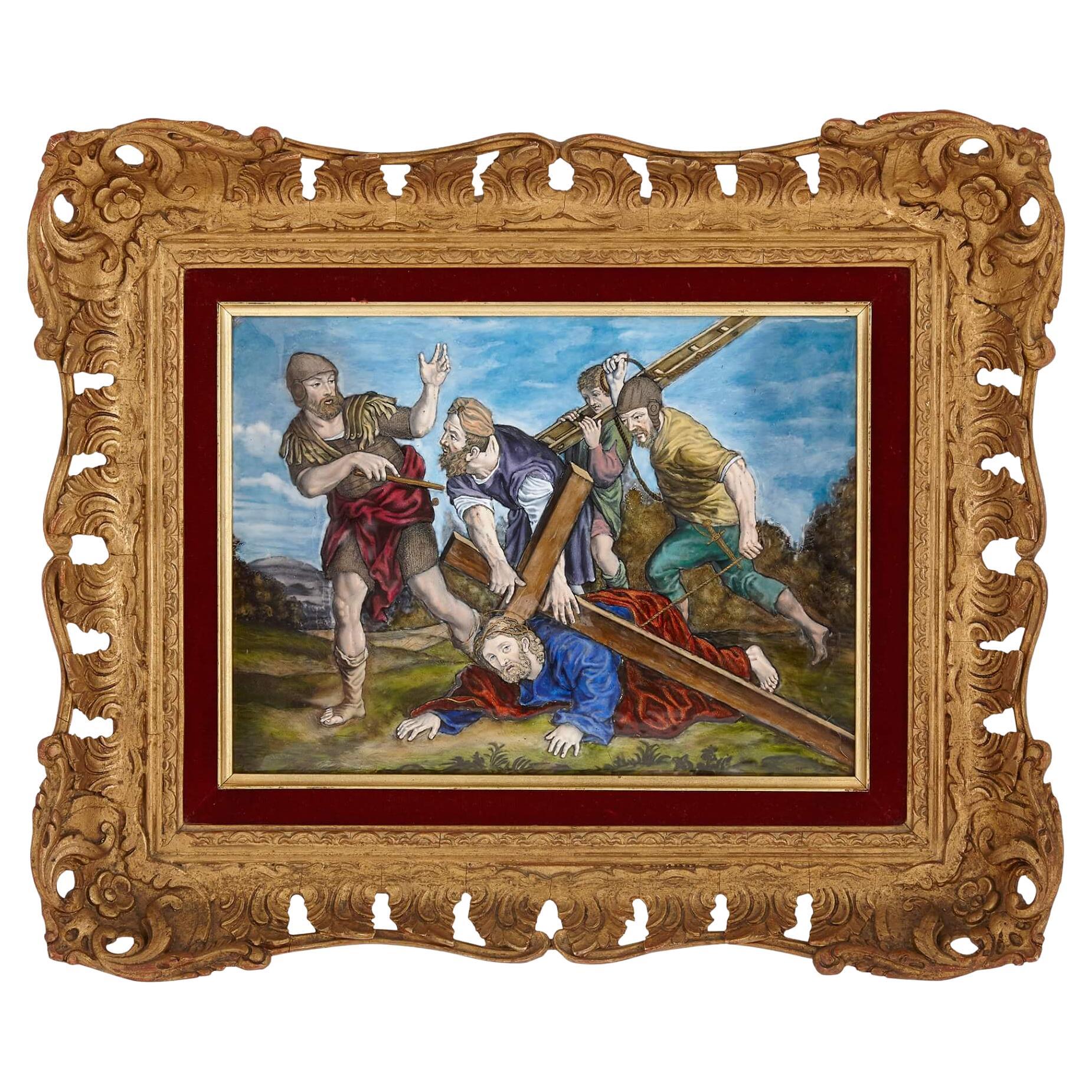 Antique Limoges Enamel Plaque of Christ on the Road to Calvary For Sale
