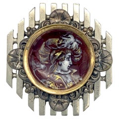 Antique Limoges Enamel Portrait Brooch Renaissance Revival Gilt Metal