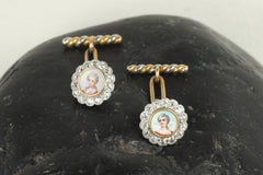 Antique Limoges Enamel Portrait Diamond Cuff Links
