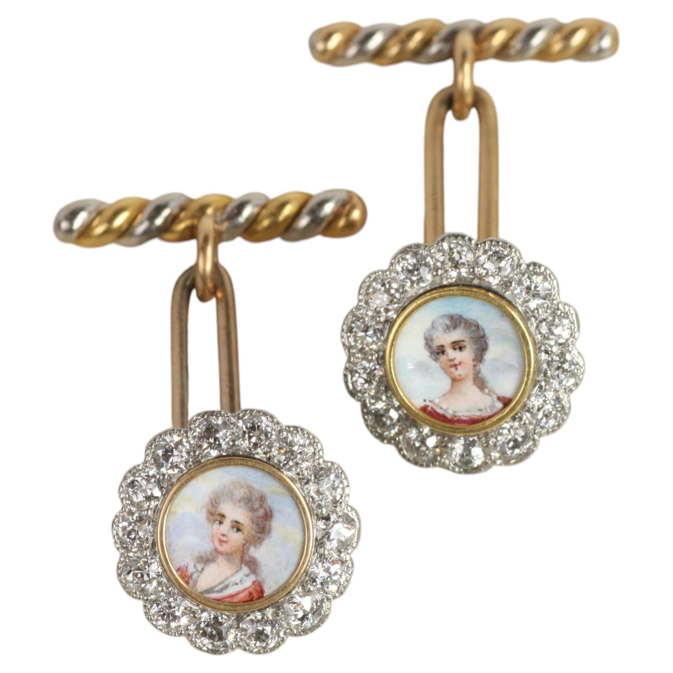 Antique Limoges Enamel Portrait Diamond Cuff Links
