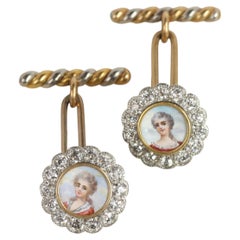 Antique Limoges Enamel Portrait Diamond Cuff Links