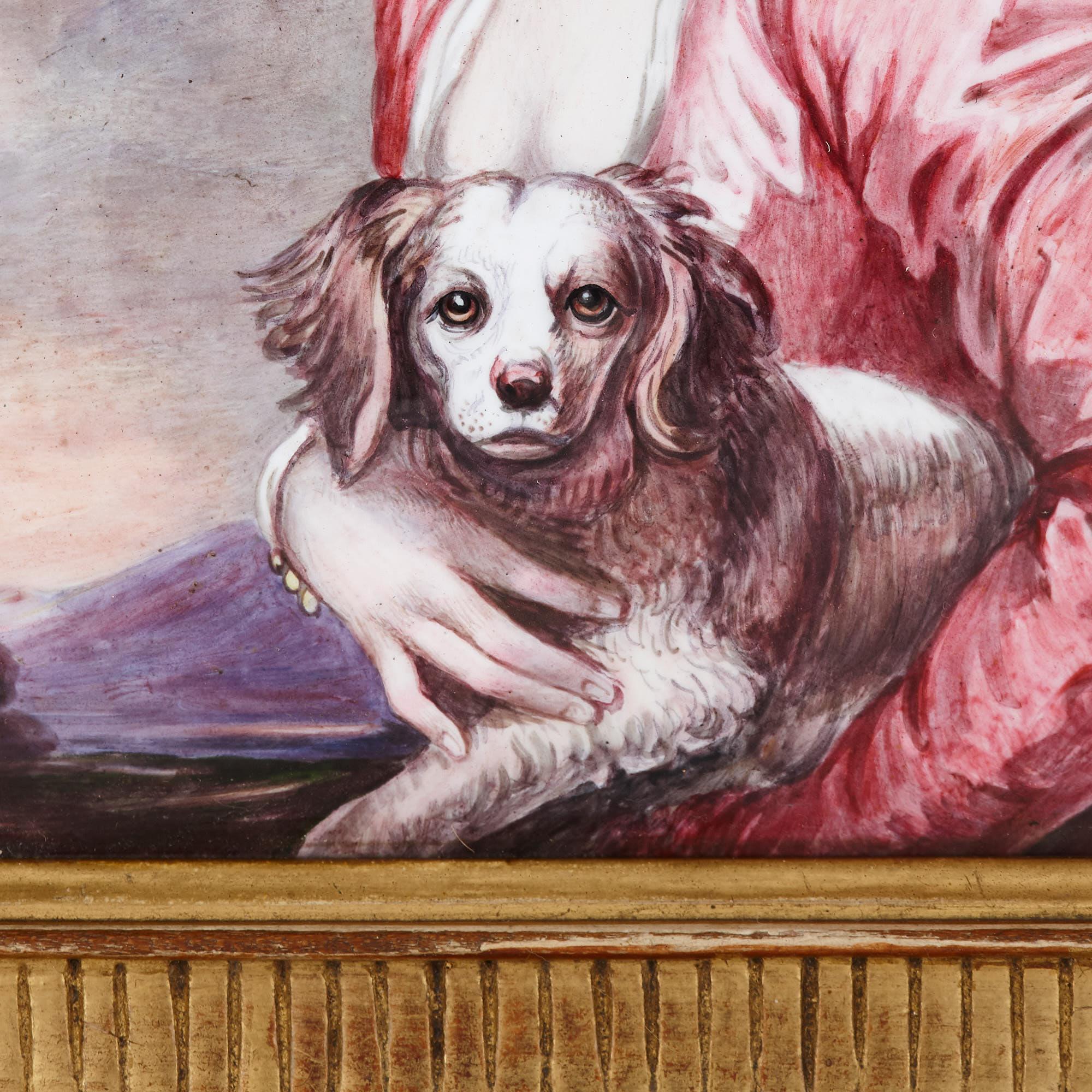 Antike Limoges Emaille Porträt von Frau und Schoßhund (Französisch) im Angebot