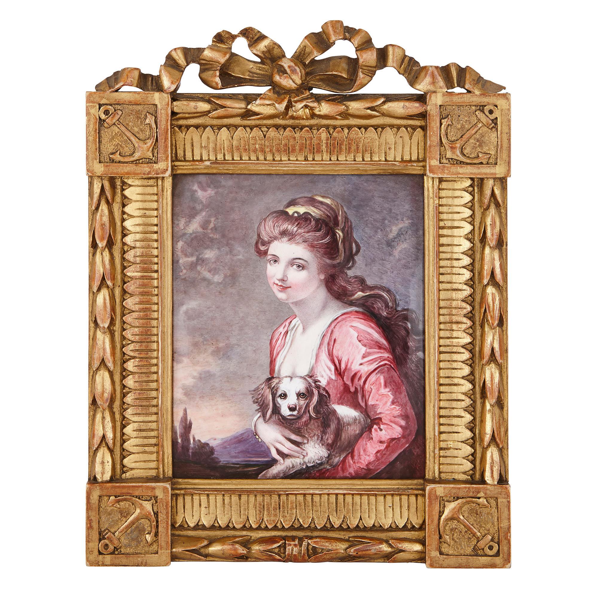 Antike Limoges Emaille Porträt von Frau und Schoßhund im Angebot