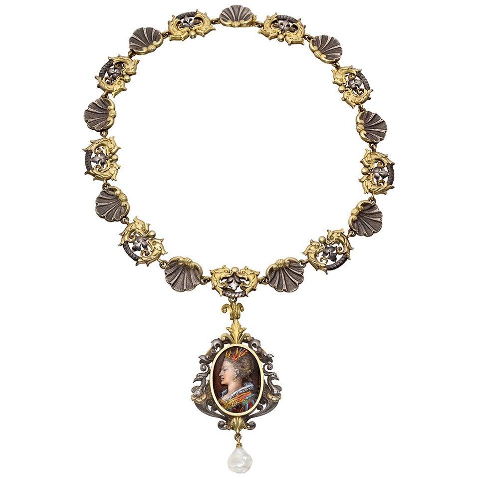 Important ​Renaissance Revival necklace, designed as a chain of shell and dolphin-motif links, suspending a removable pendant with a Baroque pearl drop, the Limoges enamel plaque depicting a woman in fanciful Henri IV style costume, the necklace