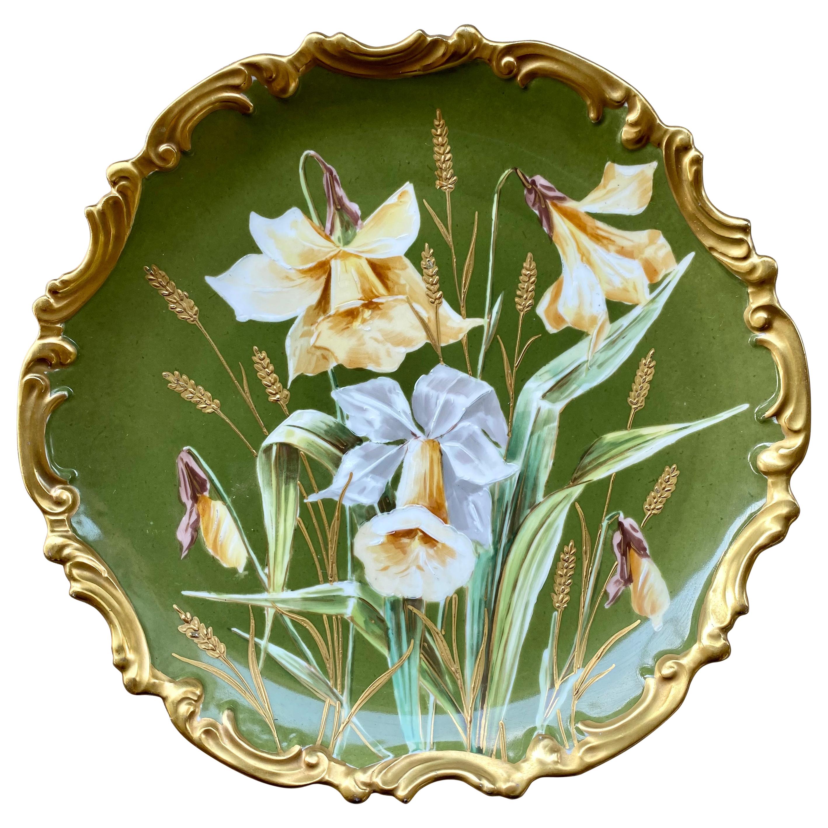  Antique Limoges France Daffodil Painting on Porcelain Cabinet or Wall Plate