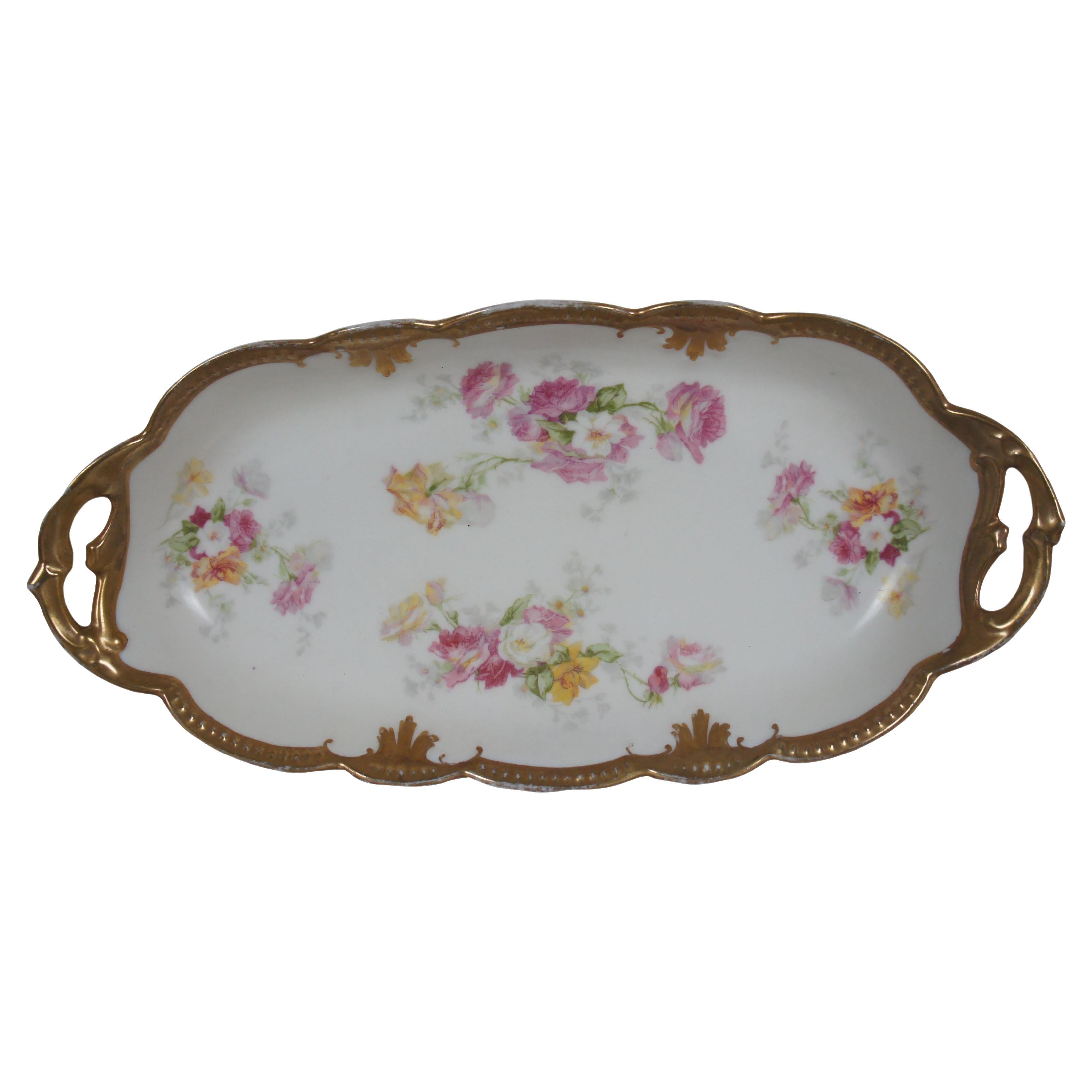 Antique Limoges France Floral Scalloped Oval Porcelain Dish Vanity Tray 13"