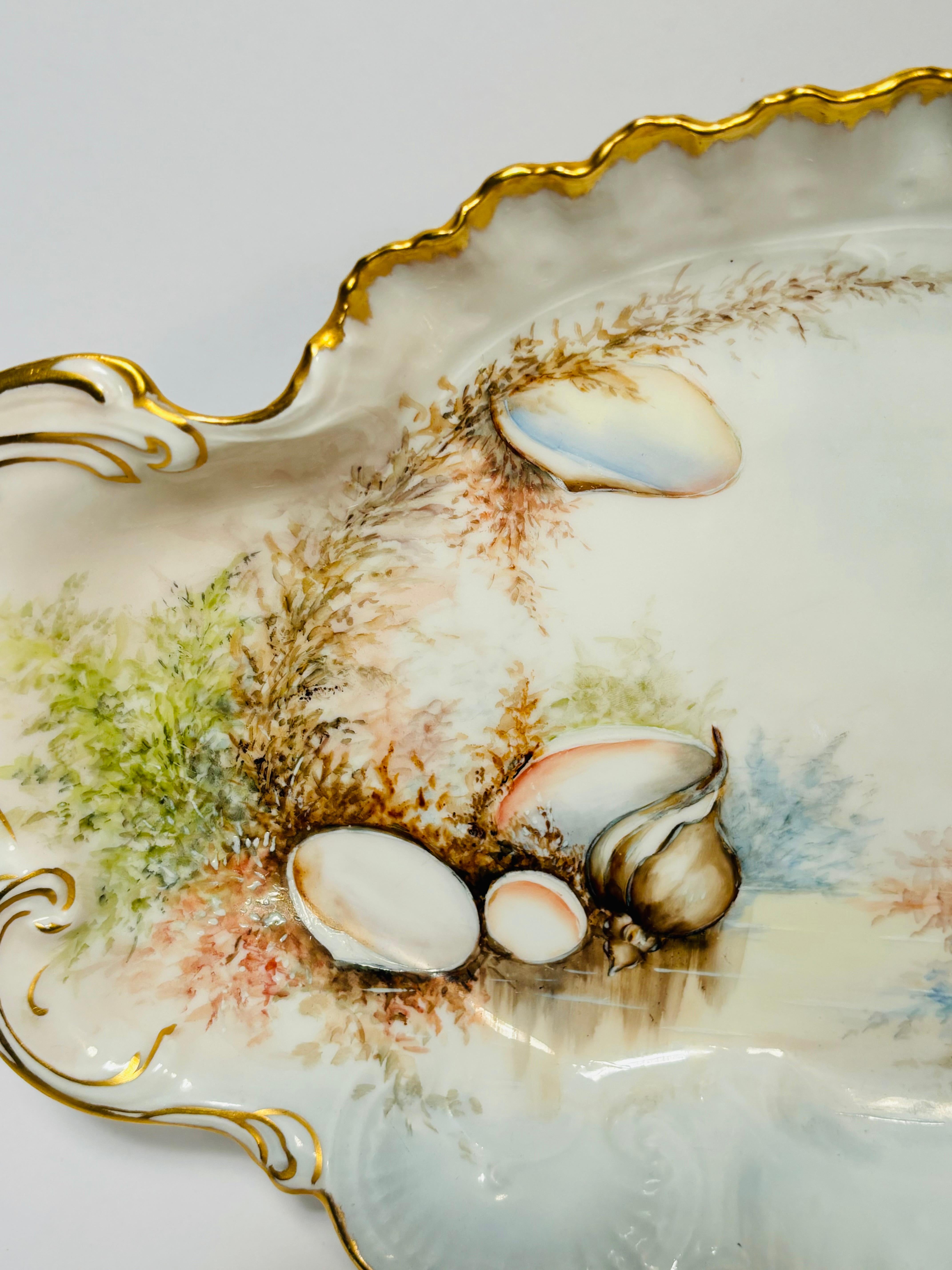 French Antique Limoges France Hand Painted Shell Platter, Pretty Shape 24Karat Gold