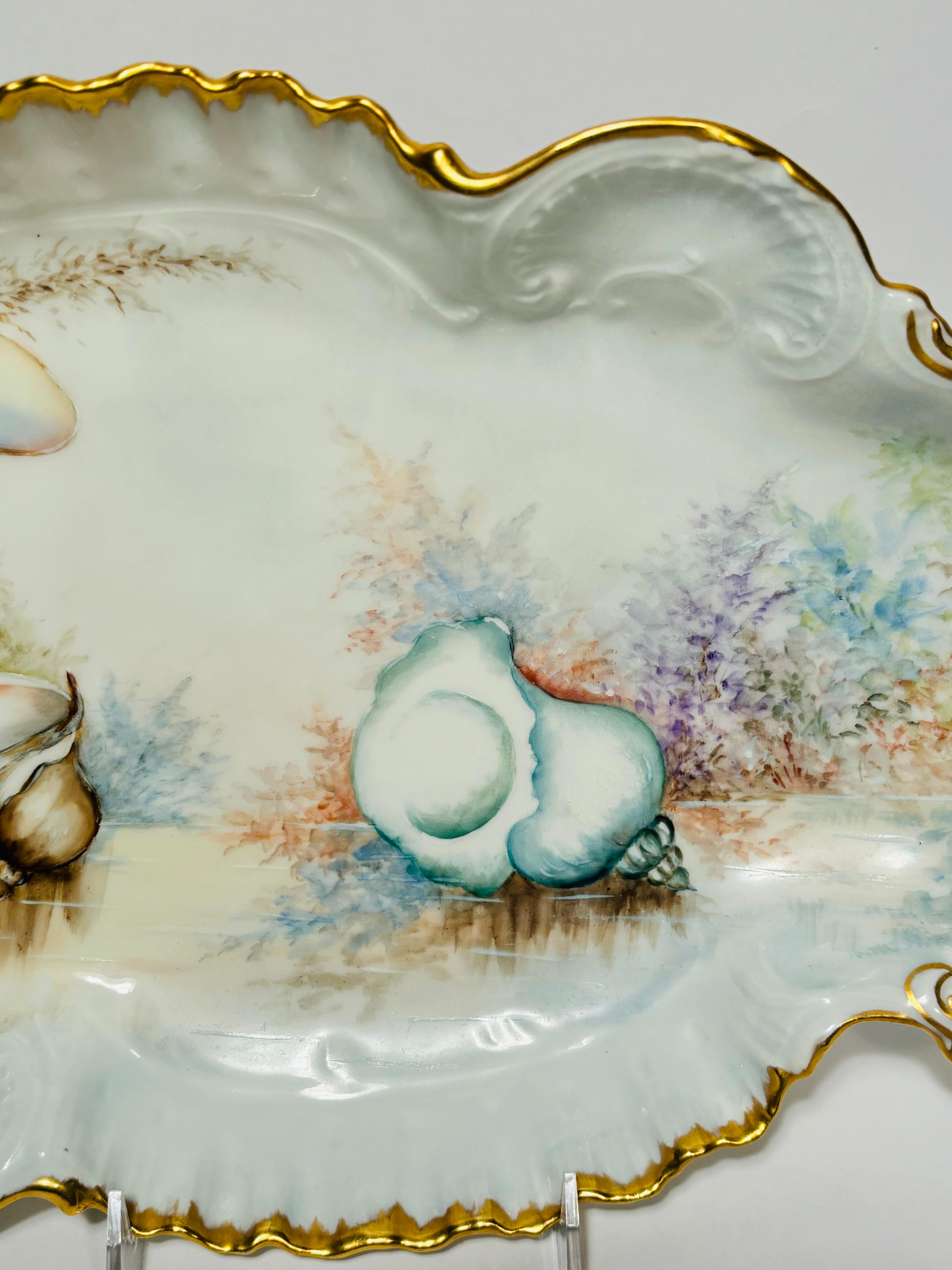 Hand-Crafted Antique Limoges France Hand Painted Shell Platter, Pretty Shape 24Karat Gold