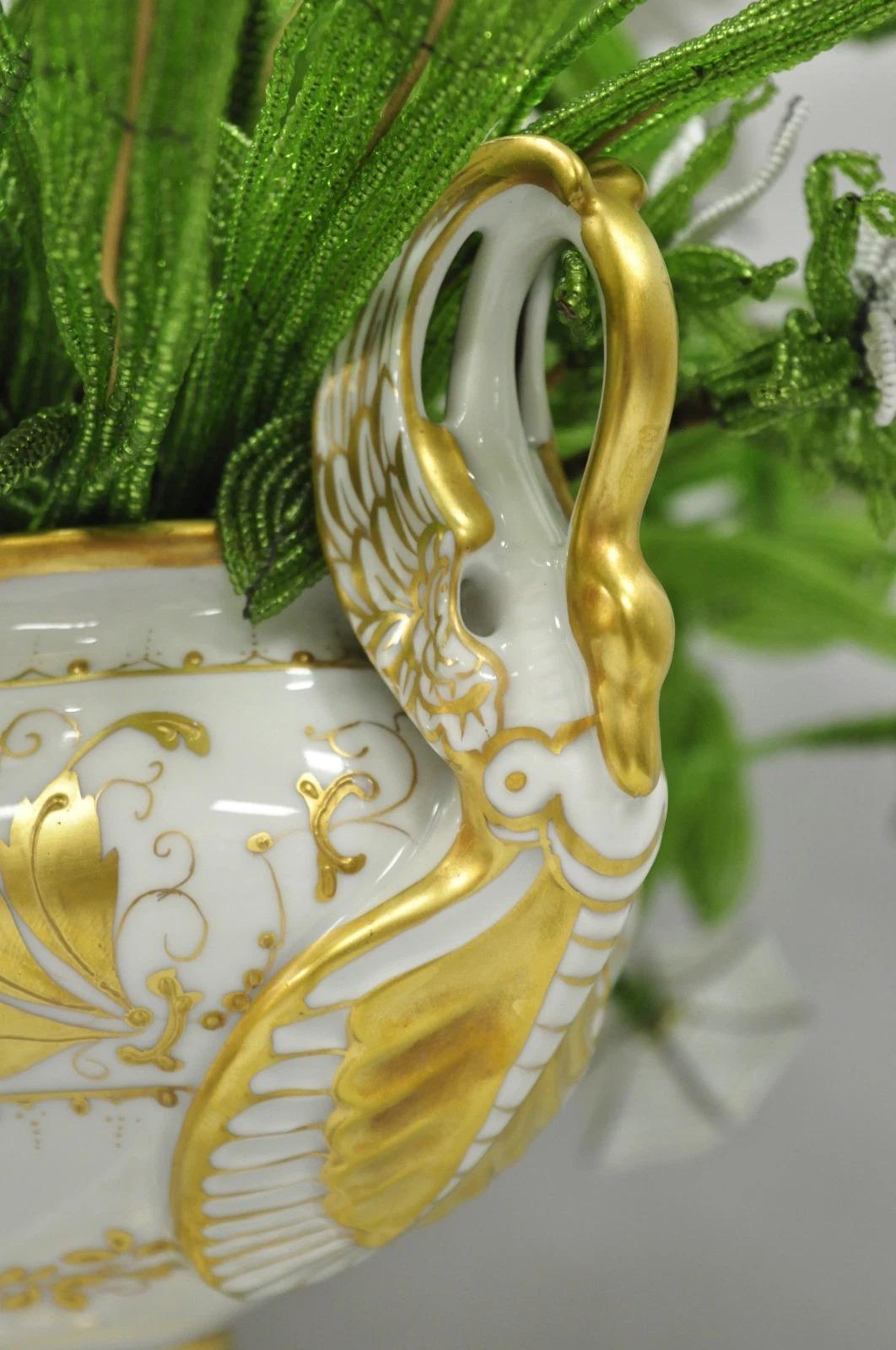 Antique Limoges French Regency White & Gold Porcelain Swan Urn Vase Cachepot For Sale 6