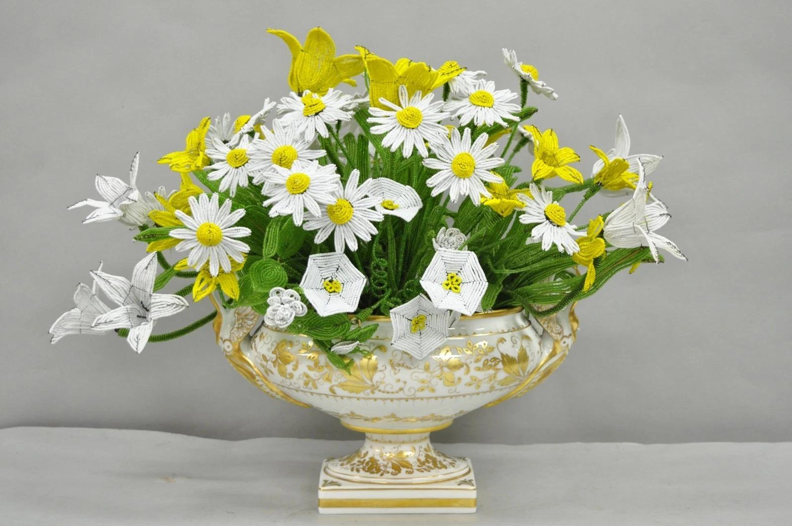 Antique Limoges French Regency White & Gold Porcelain Swan Urn Vase Cachepot with Large French Hand Beaded Glass Daisy Flower Bouquet. Circa Mid 20th Century. Measurements: Overall (with flowers): 15