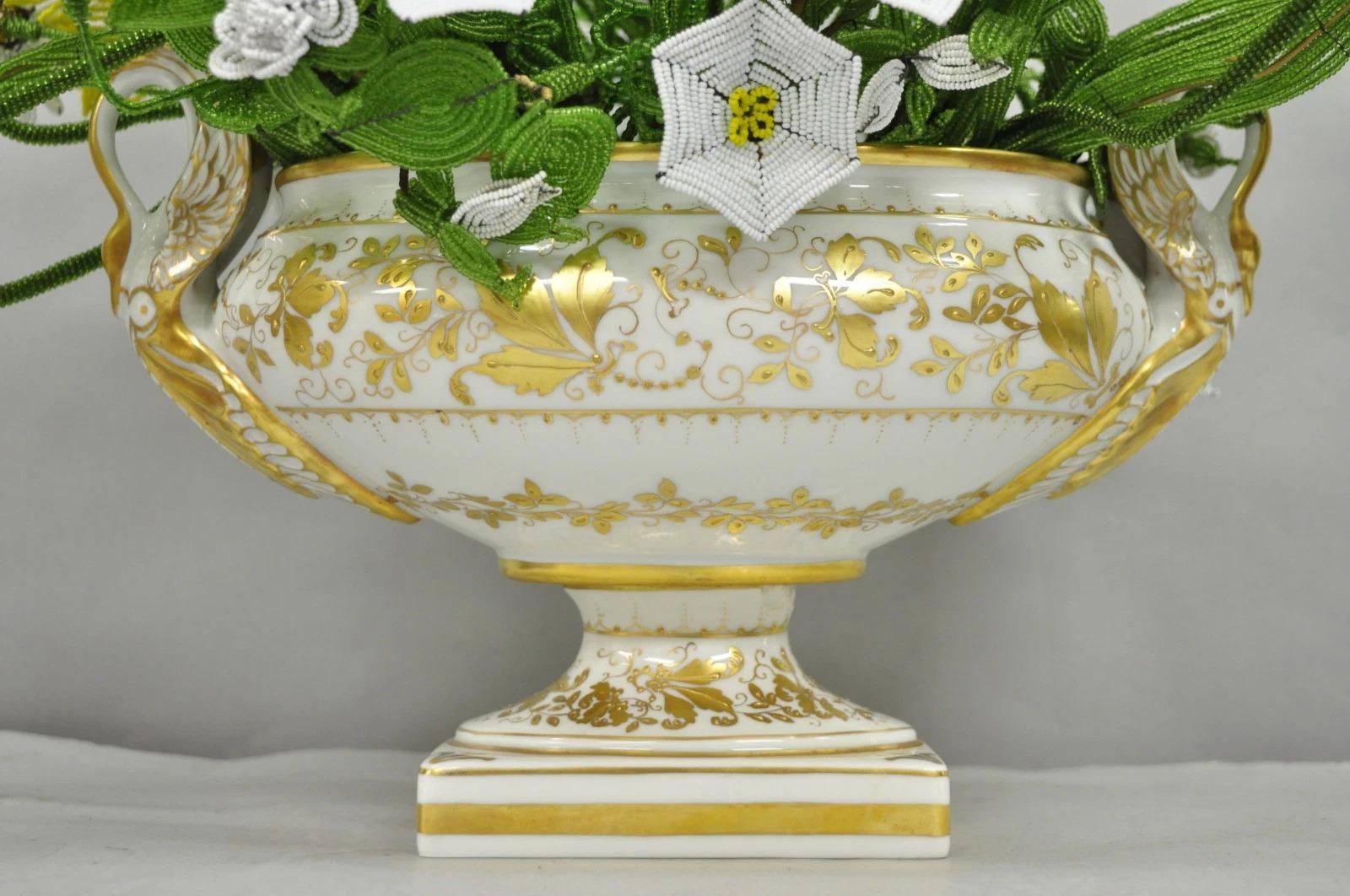 Unknown Antique Limoges French Regency White & Gold Porcelain Swan Urn Vase Cachepot For Sale