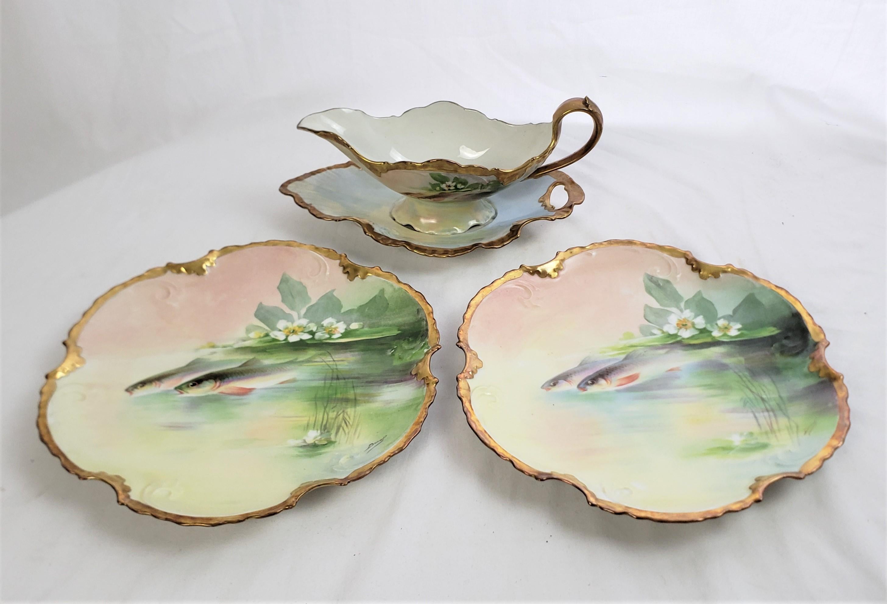 Antique Limoges Hand-Painted Fish Set with Matching Platter & Sauce Boat For Sale 3