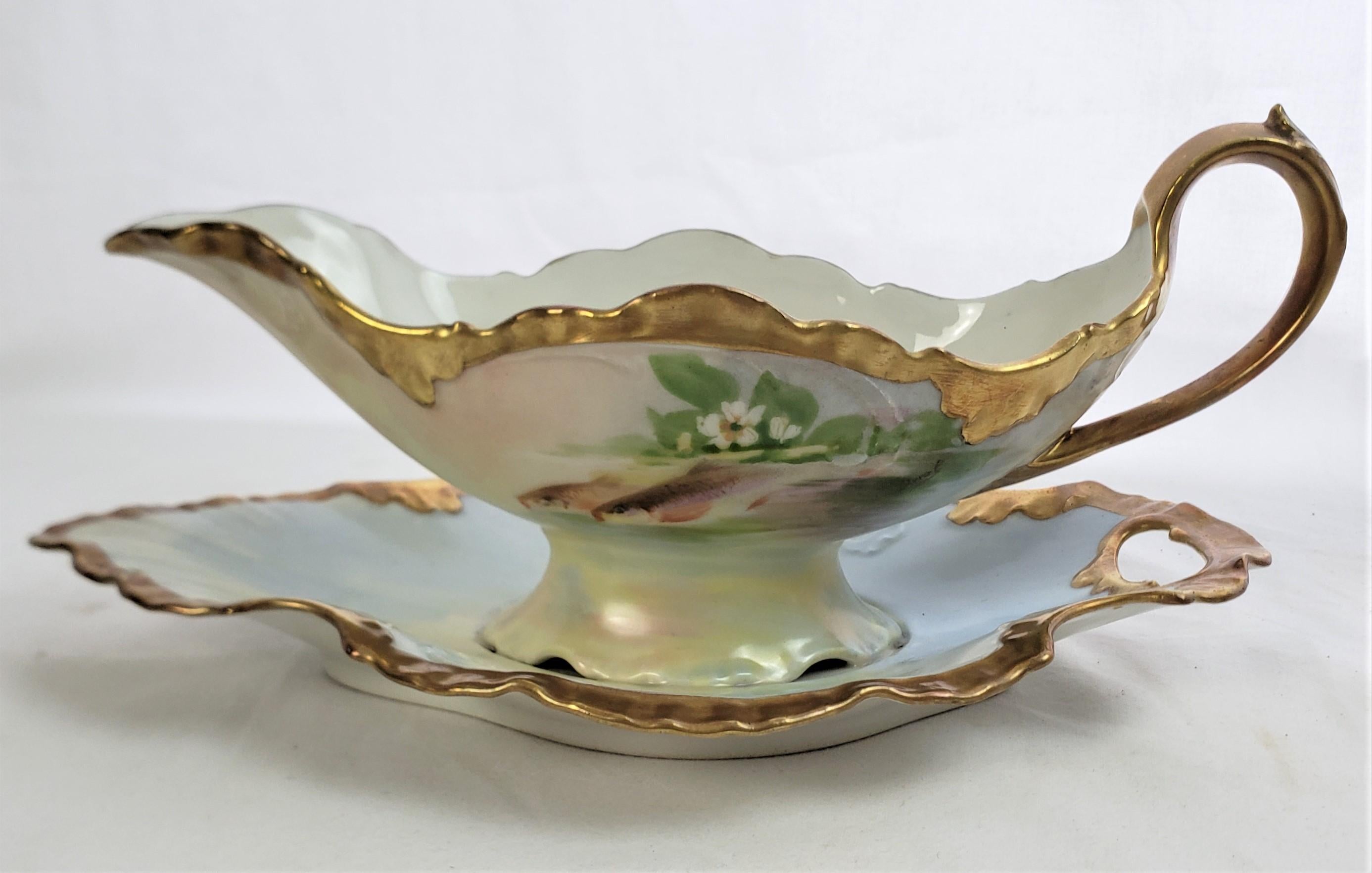 Antique Limoges Hand-Painted Fish Set with Matching Platter & Sauce Boat For Sale 6