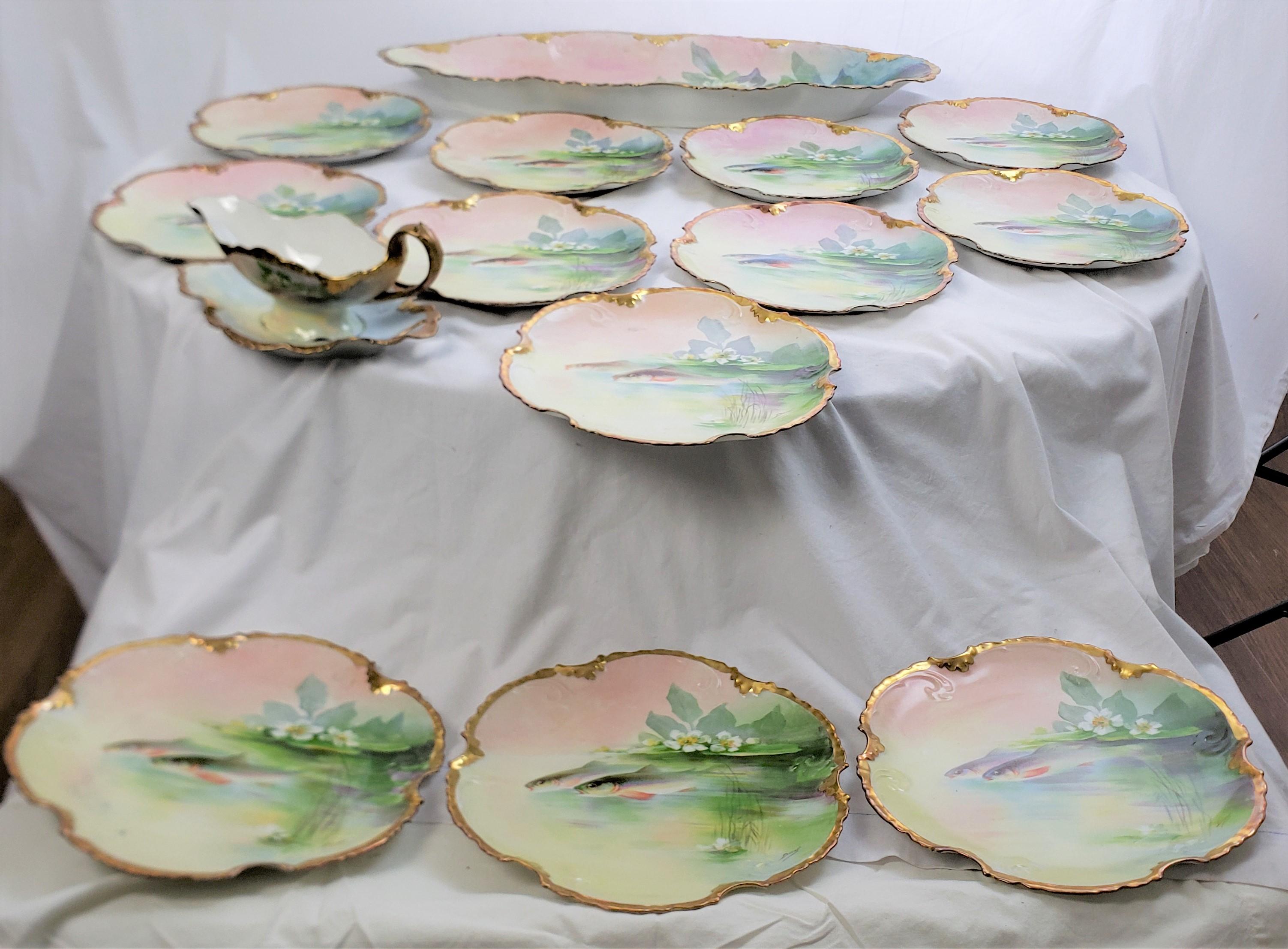 Late Victorian Antique Limoges Hand-Painted Fish Set with Matching Platter & Sauce Boat For Sale