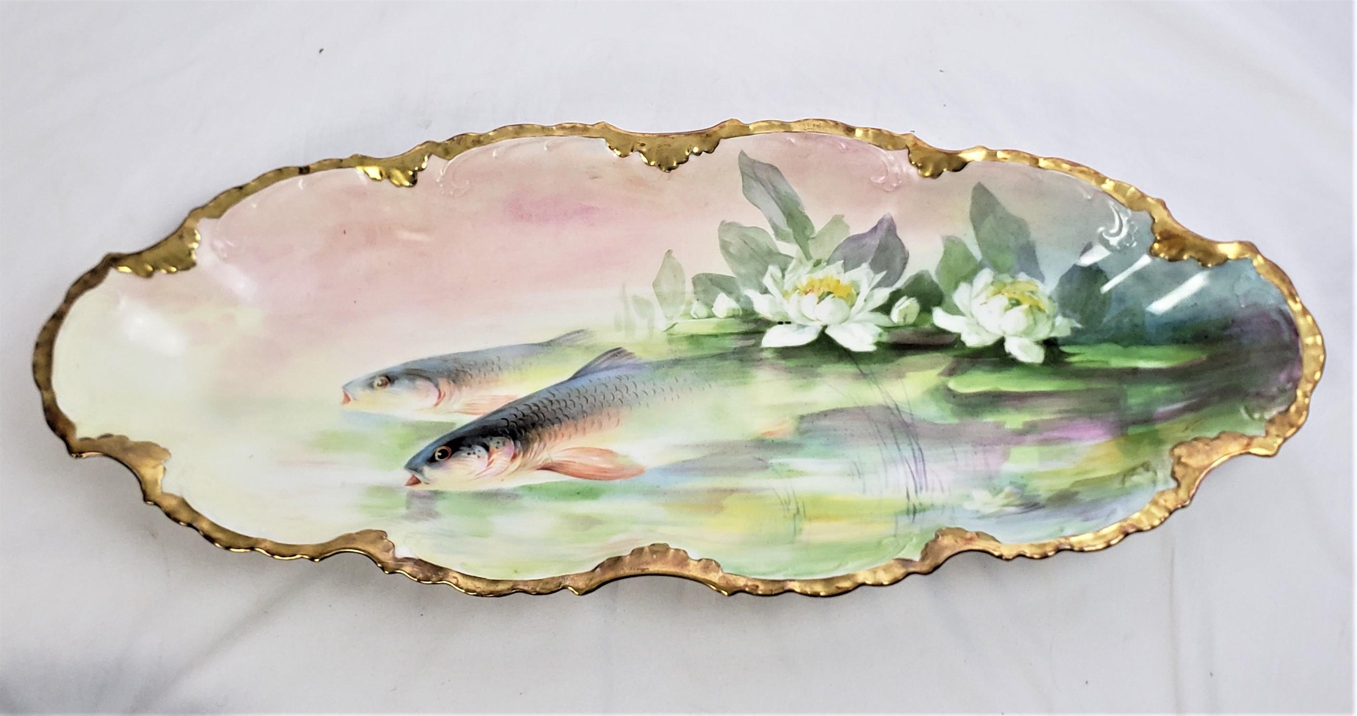 French Antique Limoges Hand-Painted Fish Set with Matching Platter & Sauce Boat For Sale