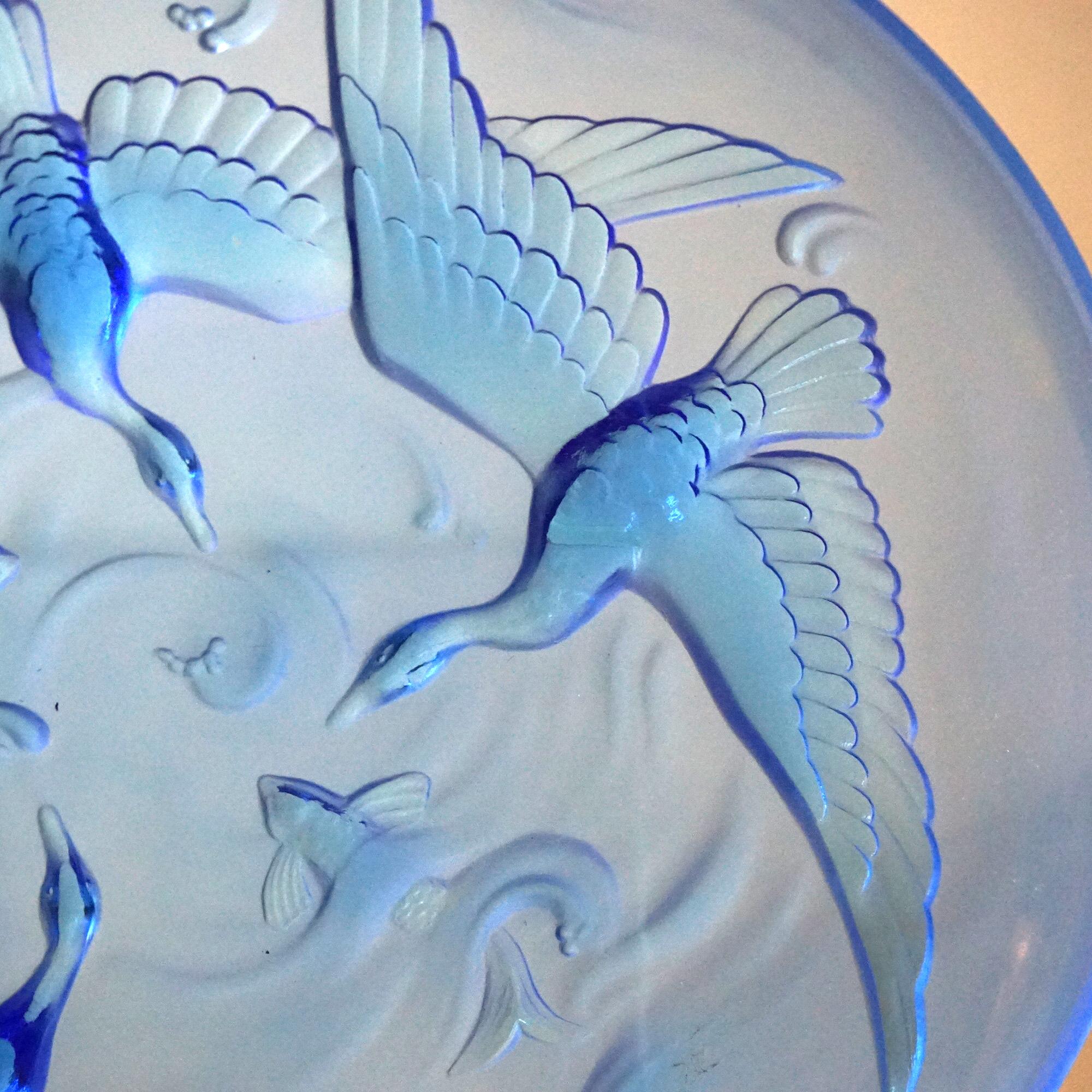 French Antique Limogés Large Celestial Blue Glass Bowl Embossed with Swan & Koi C1930 For Sale