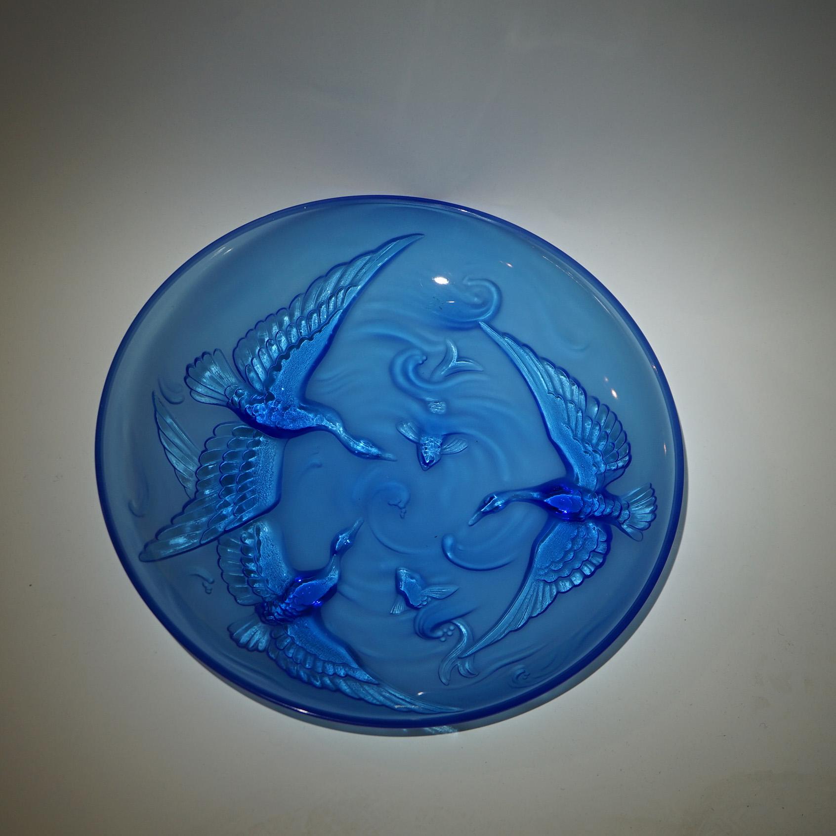 Antique Limogés Large Celestial Blue Glass Bowl Embossed with Swan & Koi C1930 In Good Condition For Sale In Big Flats, NY