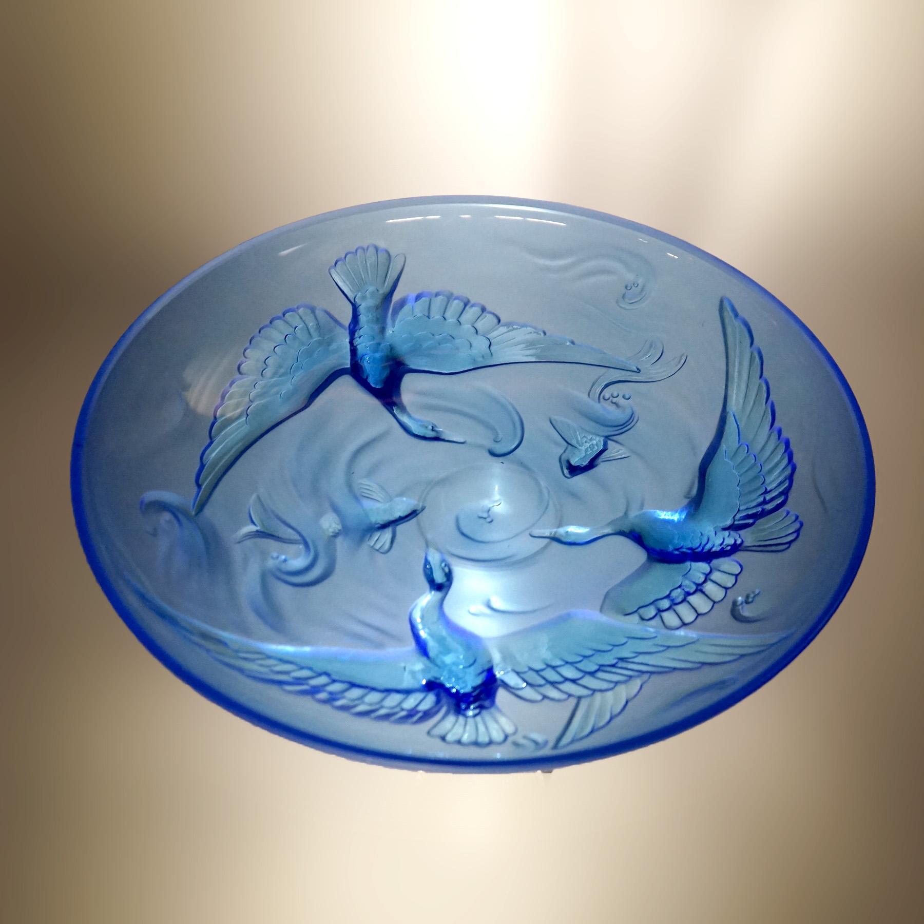 20th Century Antique Limogés Large Celestial Blue Glass Bowl Embossed with Swan & Koi C1930 For Sale