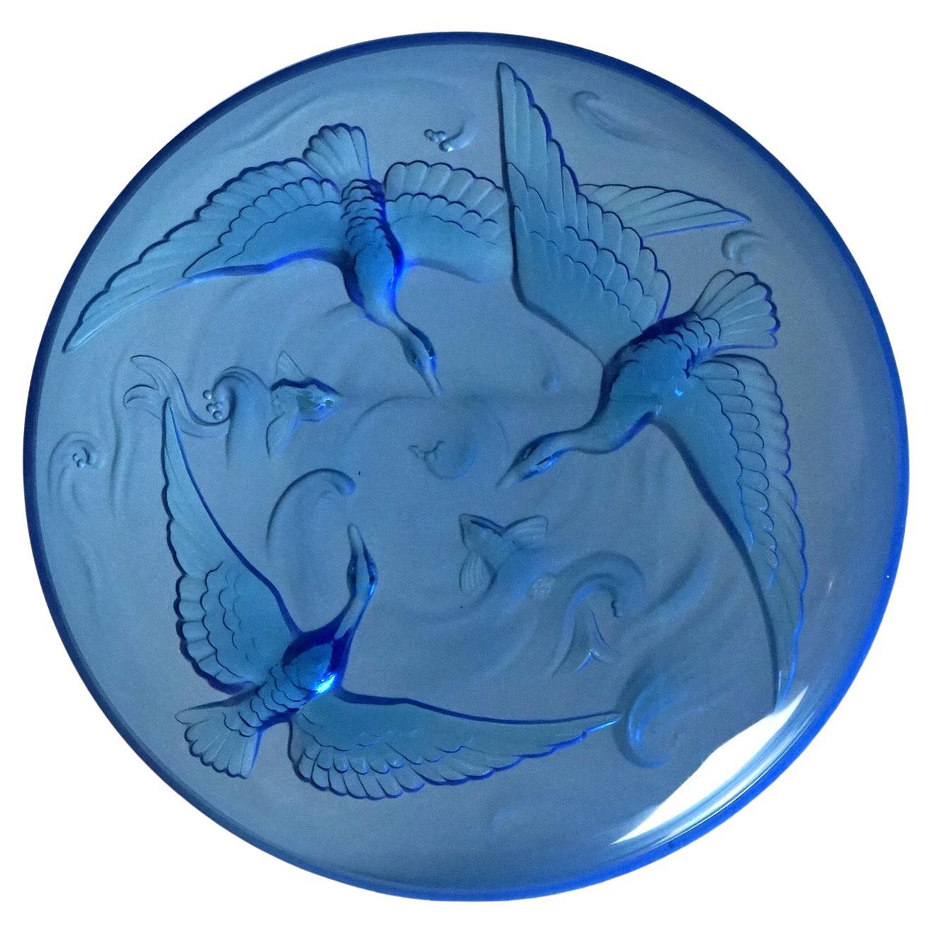 Antique Limogés Large Celestial Blue Glass Bowl Embossed with Swan & Koi C1930 For Sale