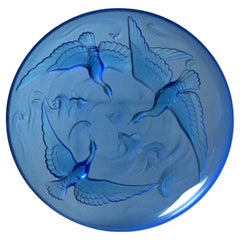 Antique Limogés Large Celestial Blue Glass Bowl Embossed with Swan & Koi C1930